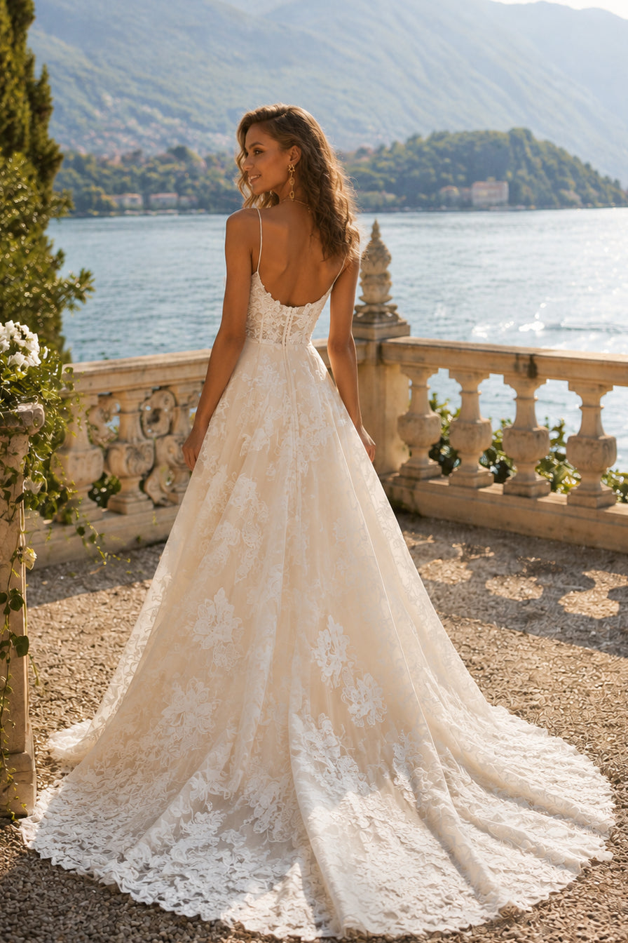 White Lace A Line V Neck Spaghetti Strap Low Back Train Wedding Dress