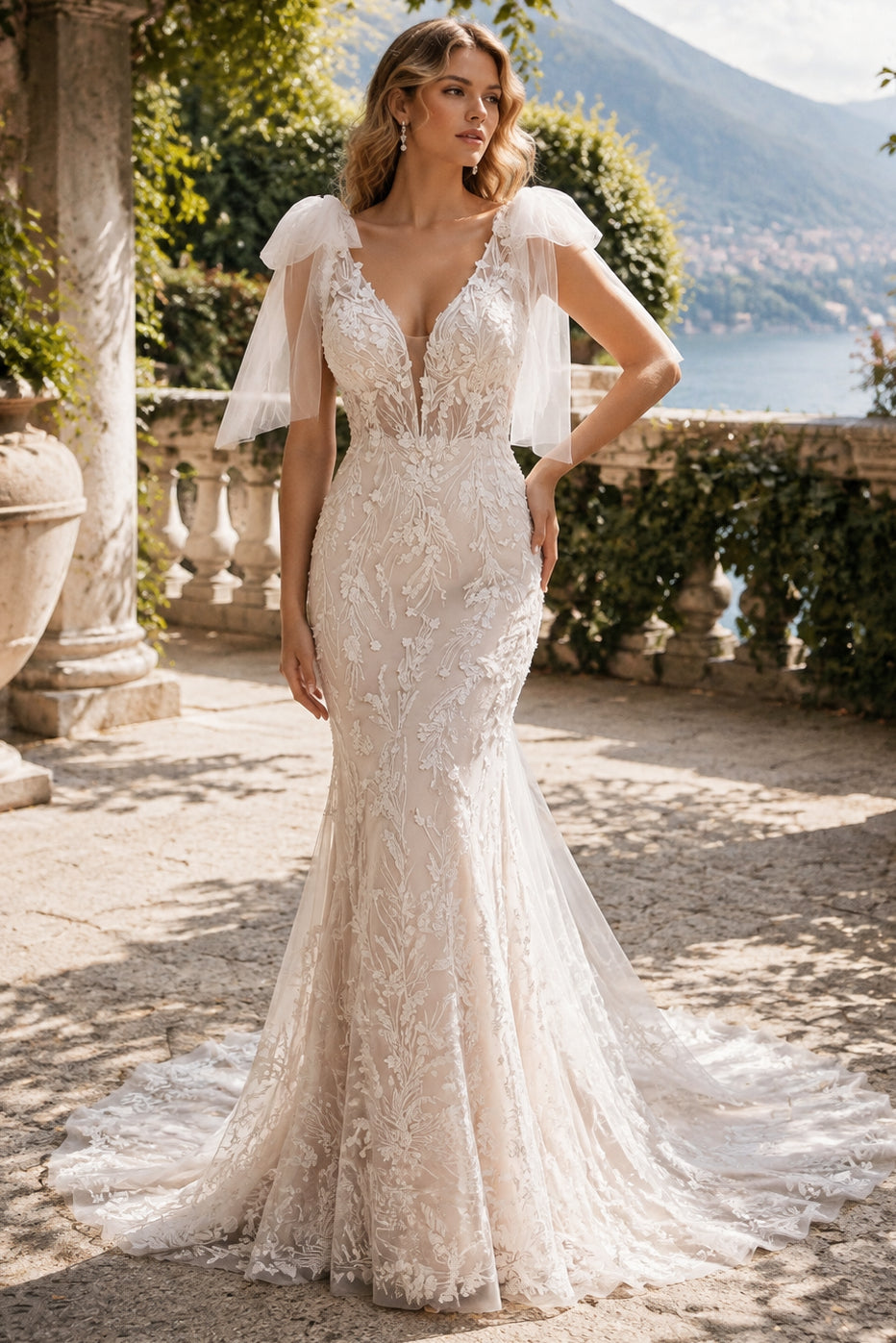 White Lace Mermaid Deep V Tulle Bow Strap Deep V Back Train Wedding Dress