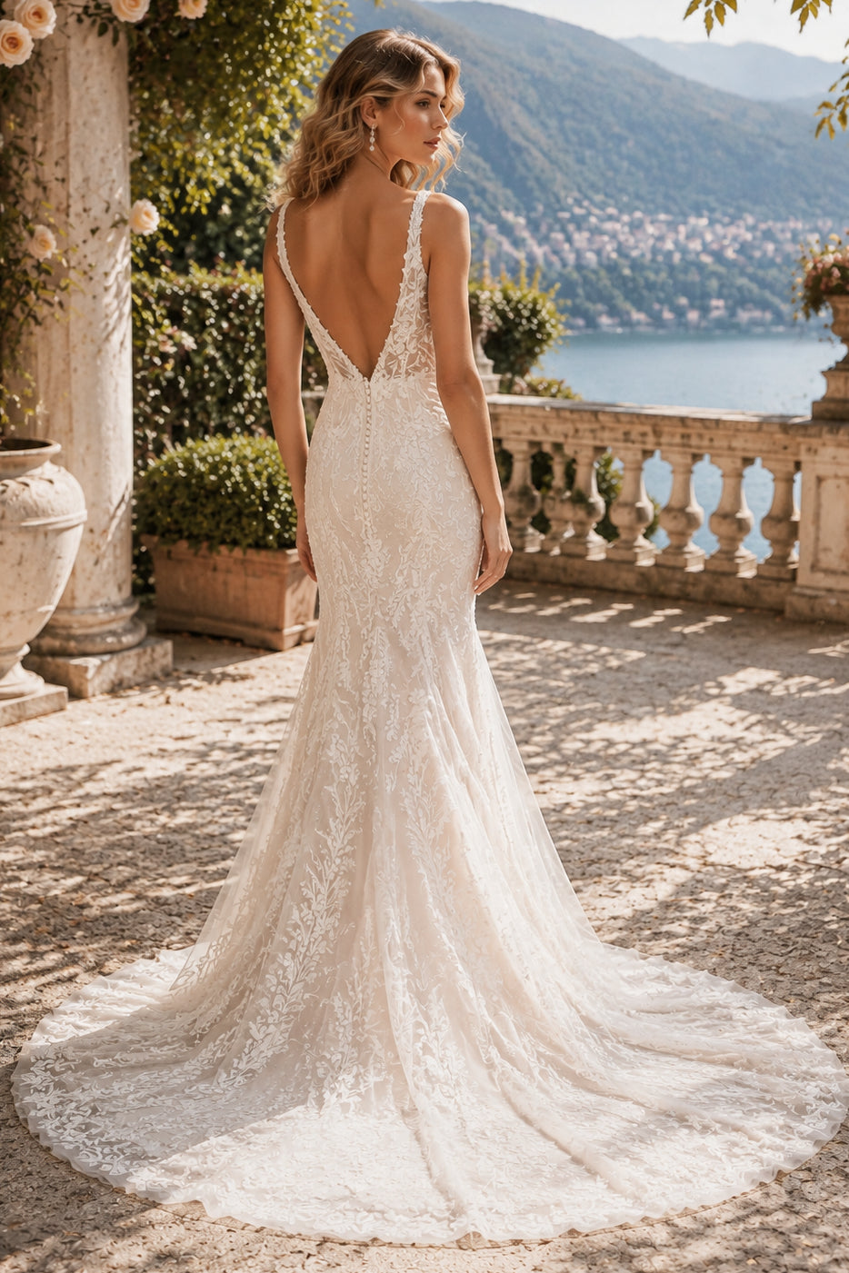 White Lace Mermaid Deep V Tulle Bow Strap Deep V Back Train Wedding Dress