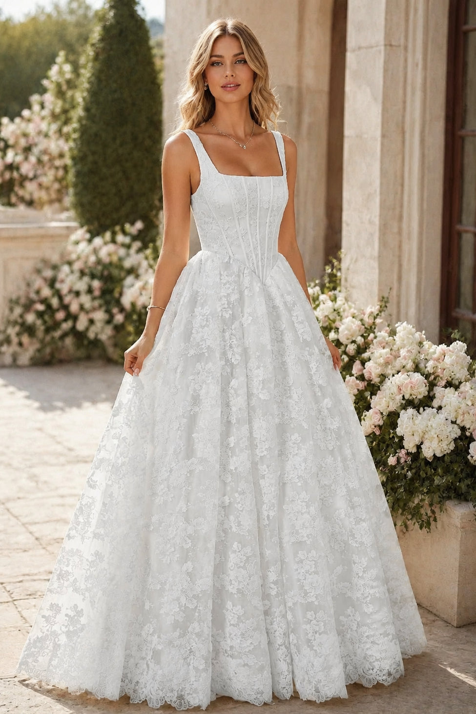 White Lace A Line Square Neck Wide Strap Sheer Corset Back Train Wedding Dress