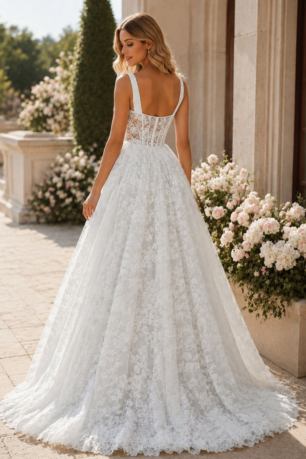White Lace A Line Square Neck Wide Strap Sheer Corset Back Train Wedding Dress