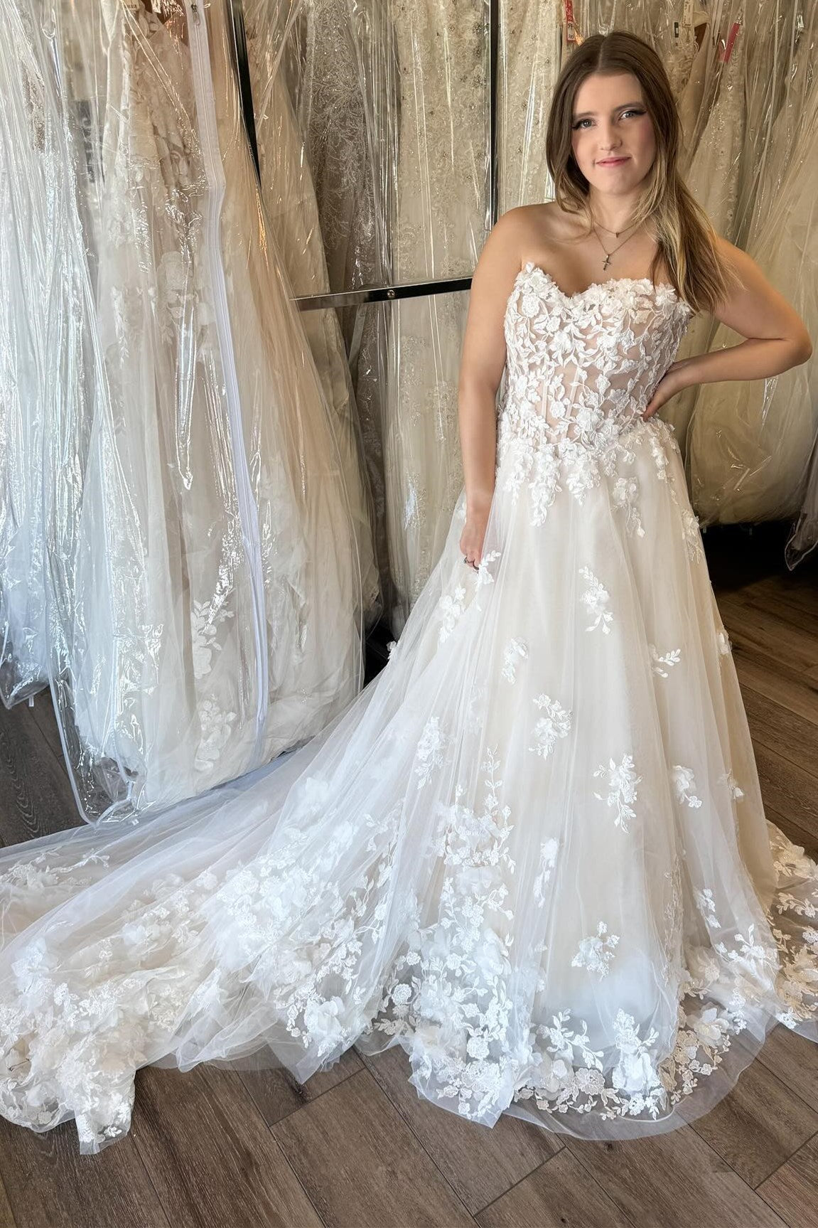 White Lace A Line Strapless Sweetheart Lace Up Back Train Wedding Dress
