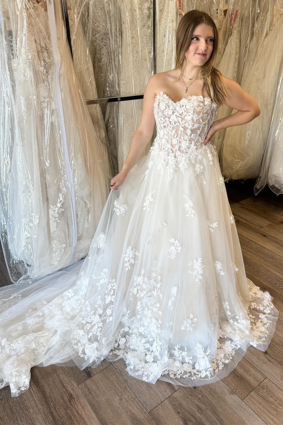 White Lace A Line Strapless Sweetheart Lace Up Back Train Wedding Dress