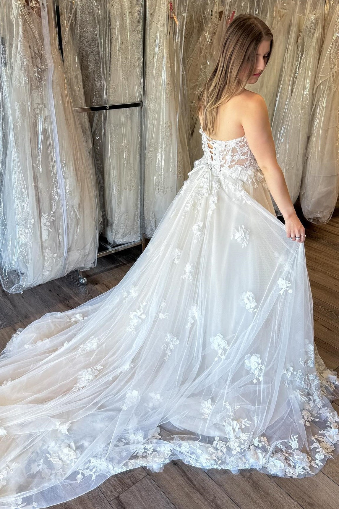 White Lace A Line Strapless Sweetheart Lace Up Back Train Wedding Dress