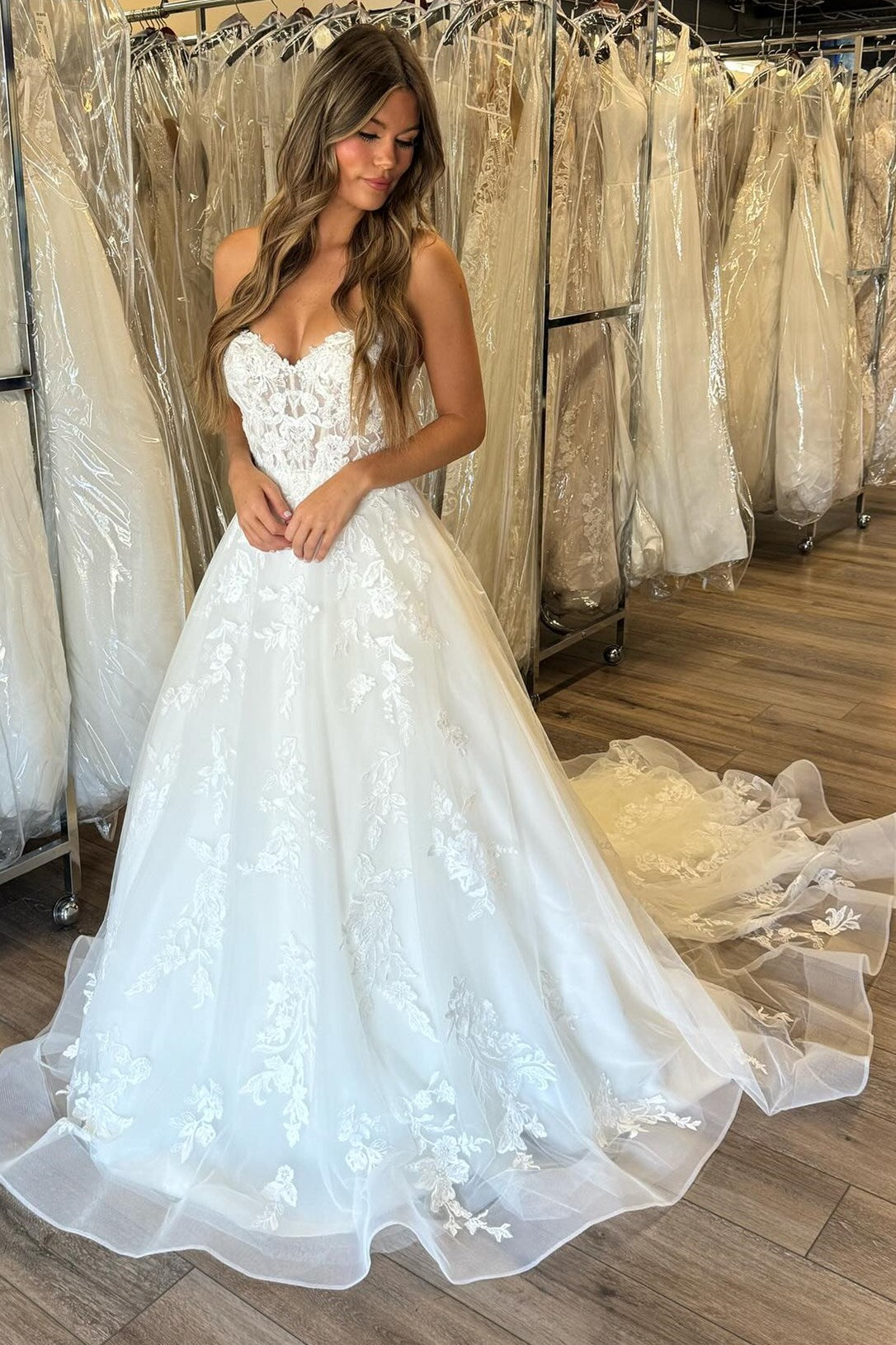 White Lace A Line Sweetheart Strapless Low Back Train Wedding Dress