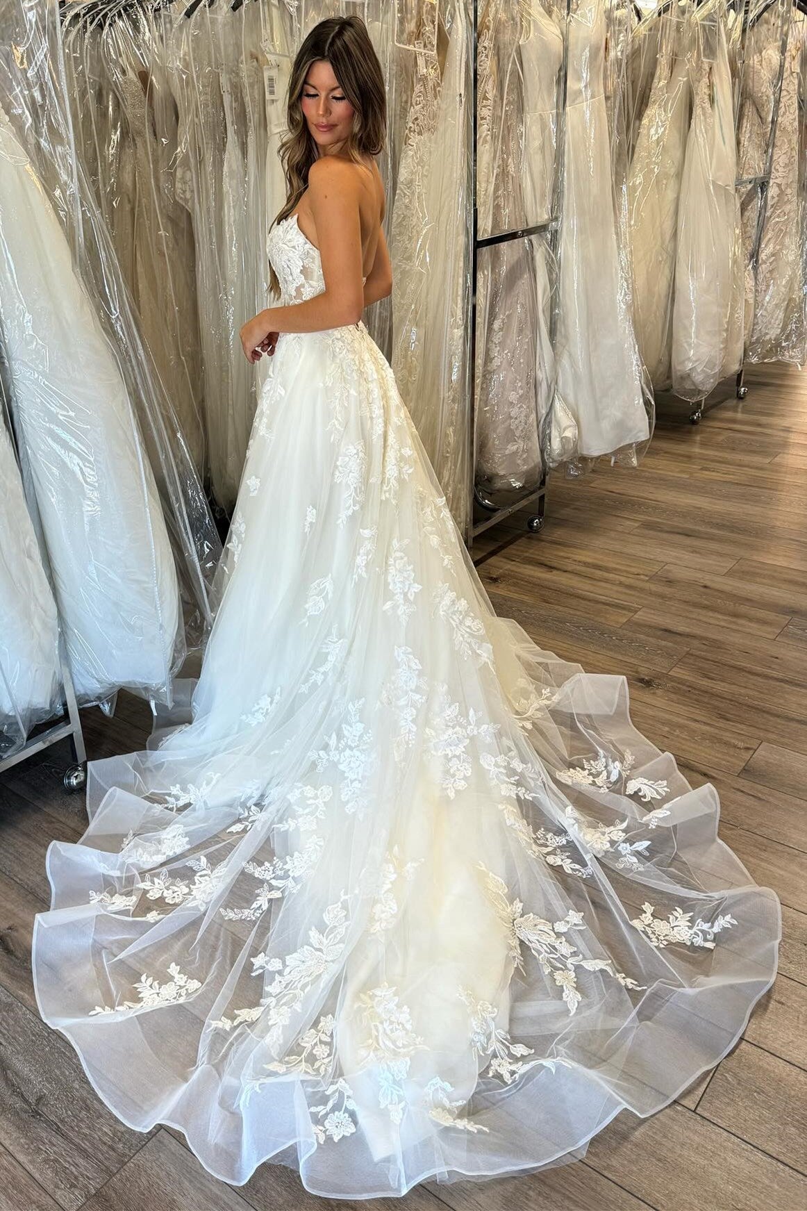 White Lace A Line Sweetheart Strapless Low Back Train Wedding Dress