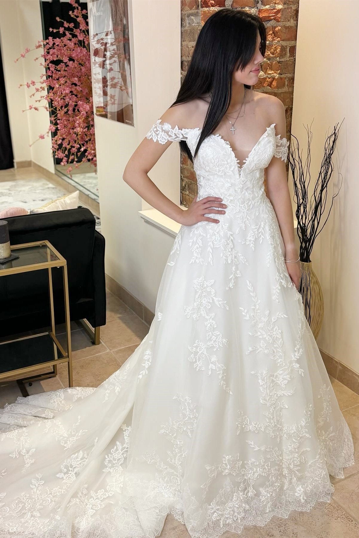 White Lace A Line V Neck Off Shoulder Sheer Back Train Wedding Dress