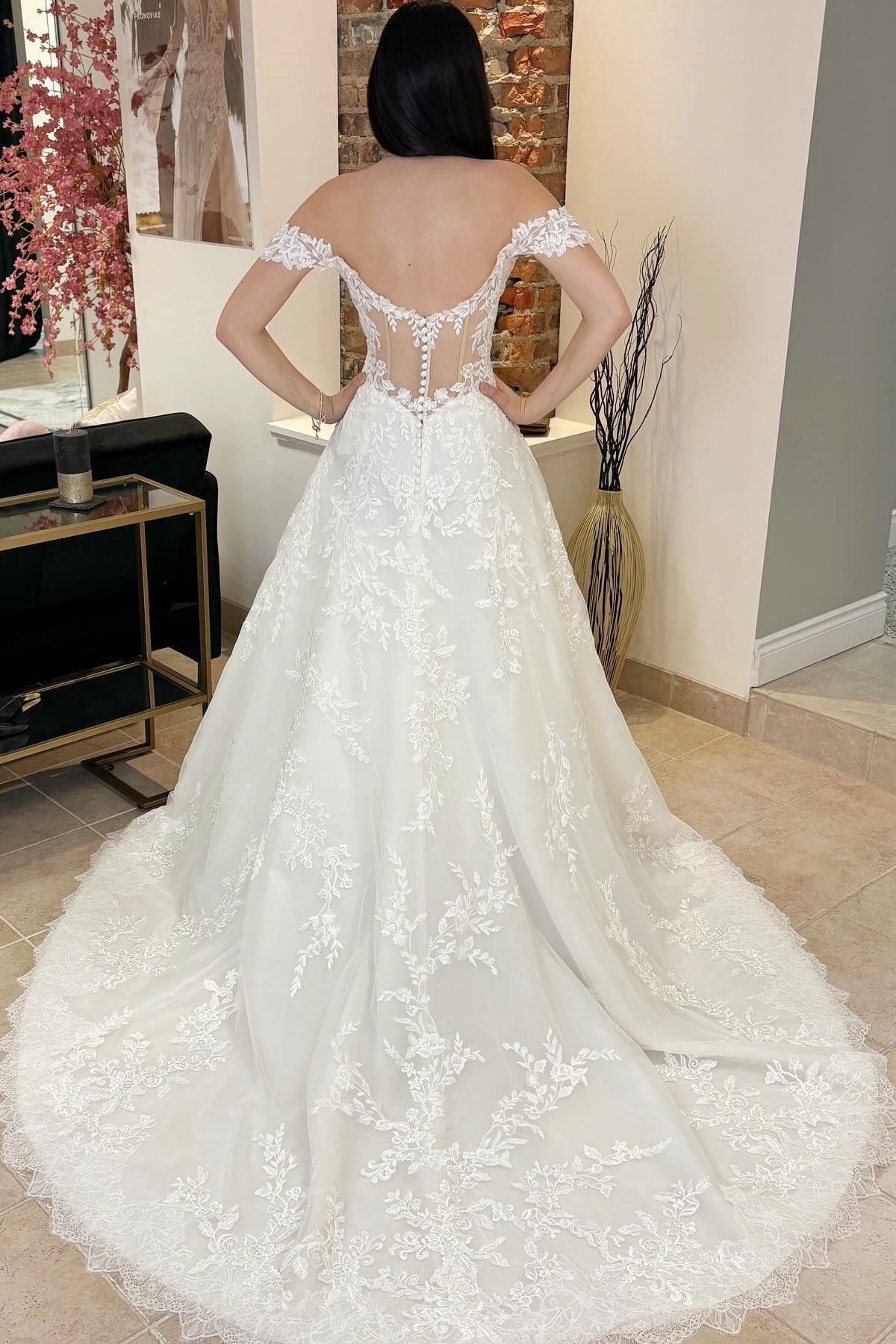 White Lace A Line V Neck Off Shoulder Sheer Back Train Wedding Dress
