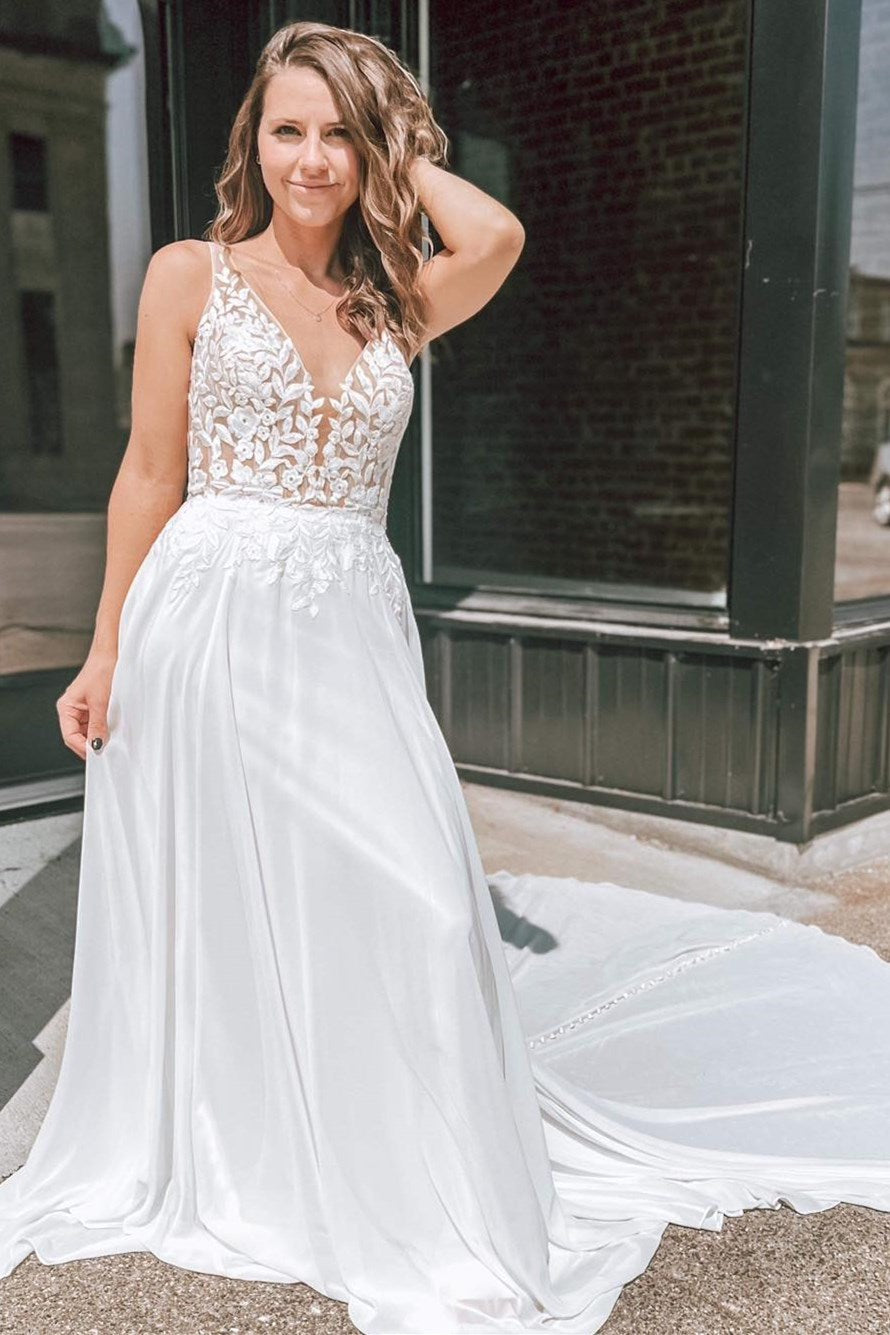 White Lace A Line V Neck Strap Illusion Back Train Wedding Dress