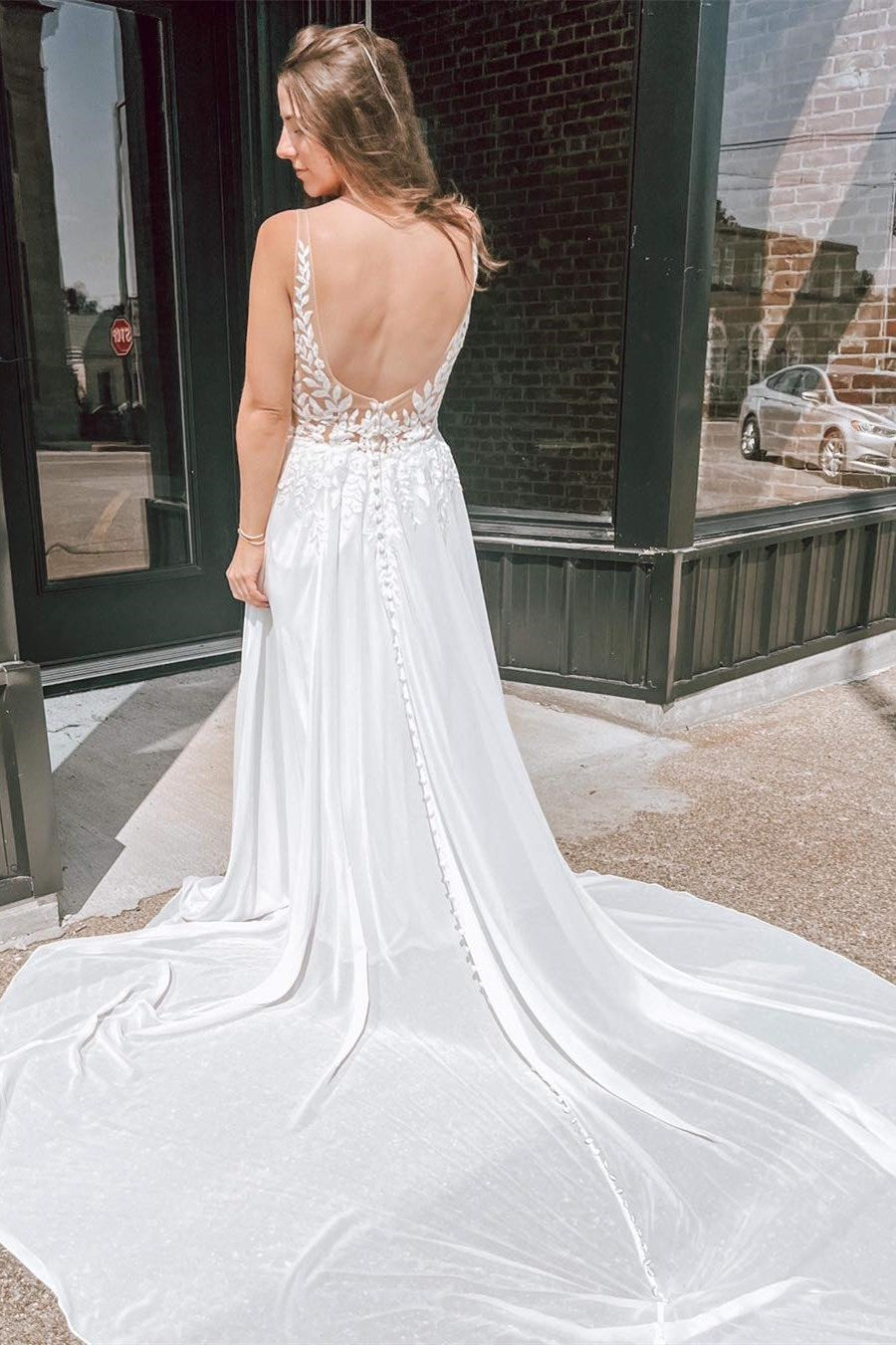 White Lace A Line V Neck Strap Illusion Back Train Wedding Dress