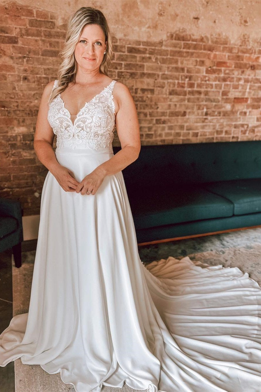 White Lace A Line V Neck Strap Low Back Train Wedding Dress