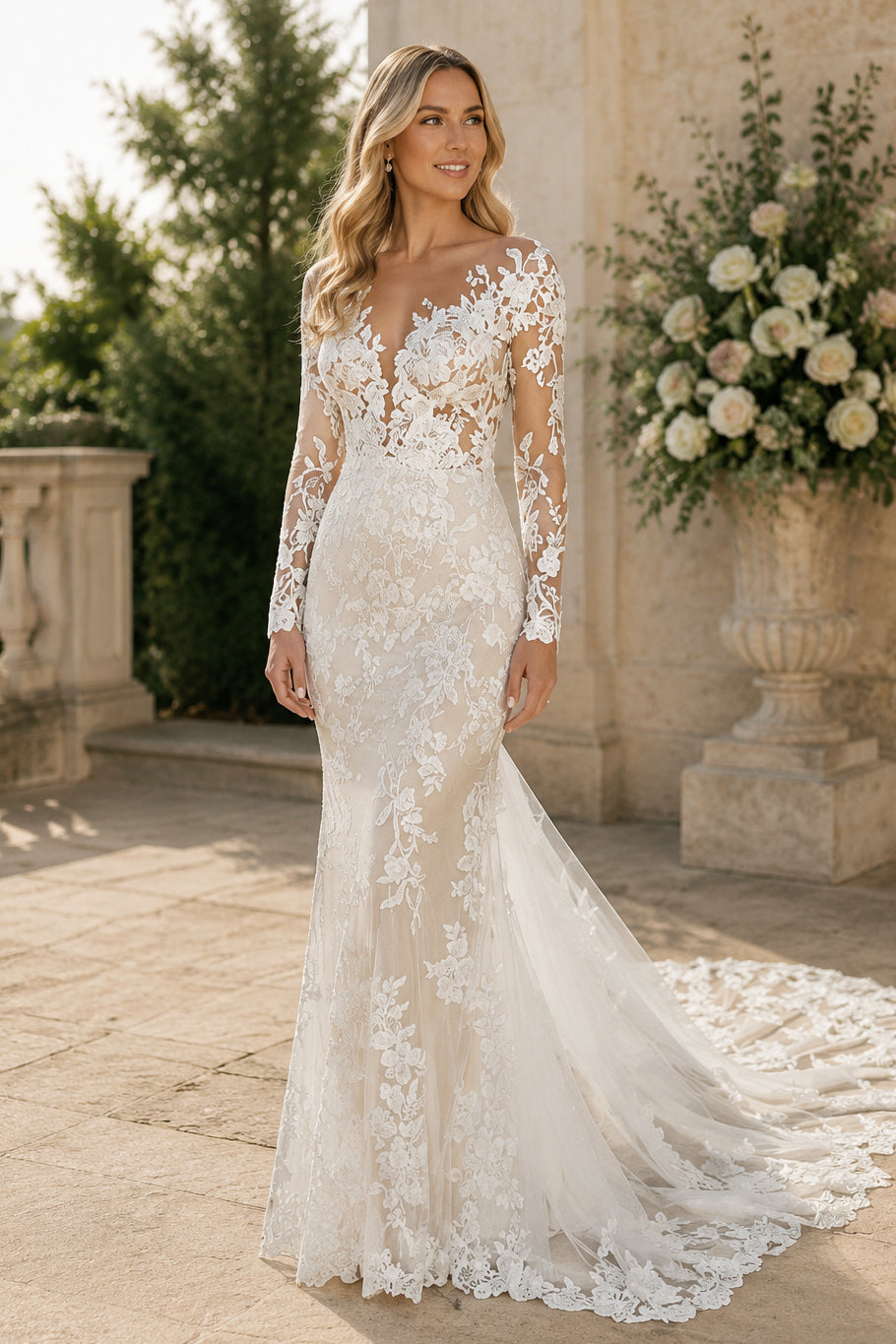 White Lace Mermaid Deep V Long Sleeve Low Button Back Train Wedding Dress
