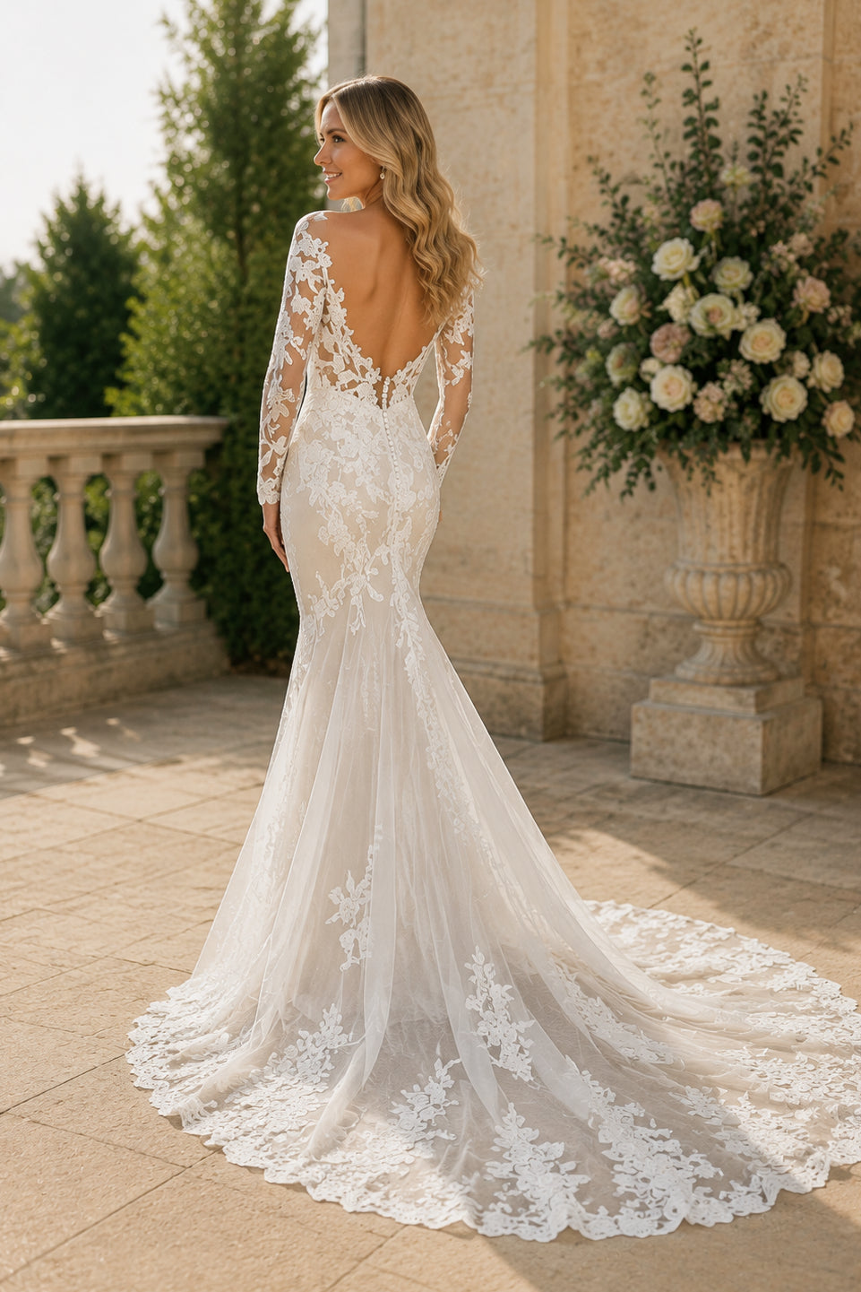 White Lace Mermaid Deep V Long Sleeve Low Button Back Train Wedding Dress