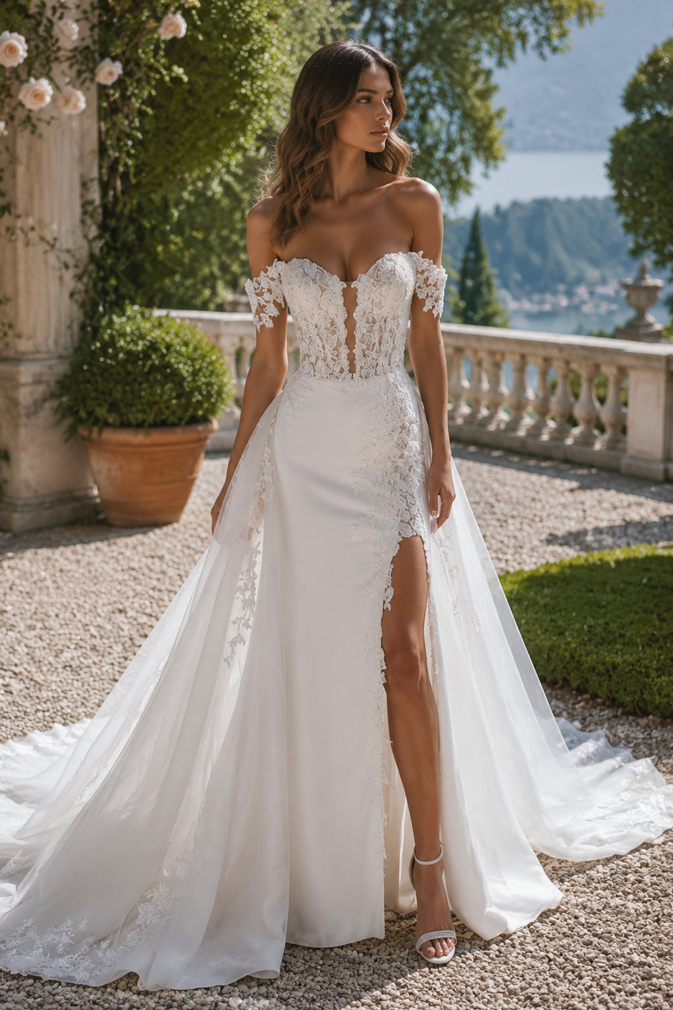 White Lace Mermaid Off Shoulder High Slit Detachable Skirt Train Wedding Dress