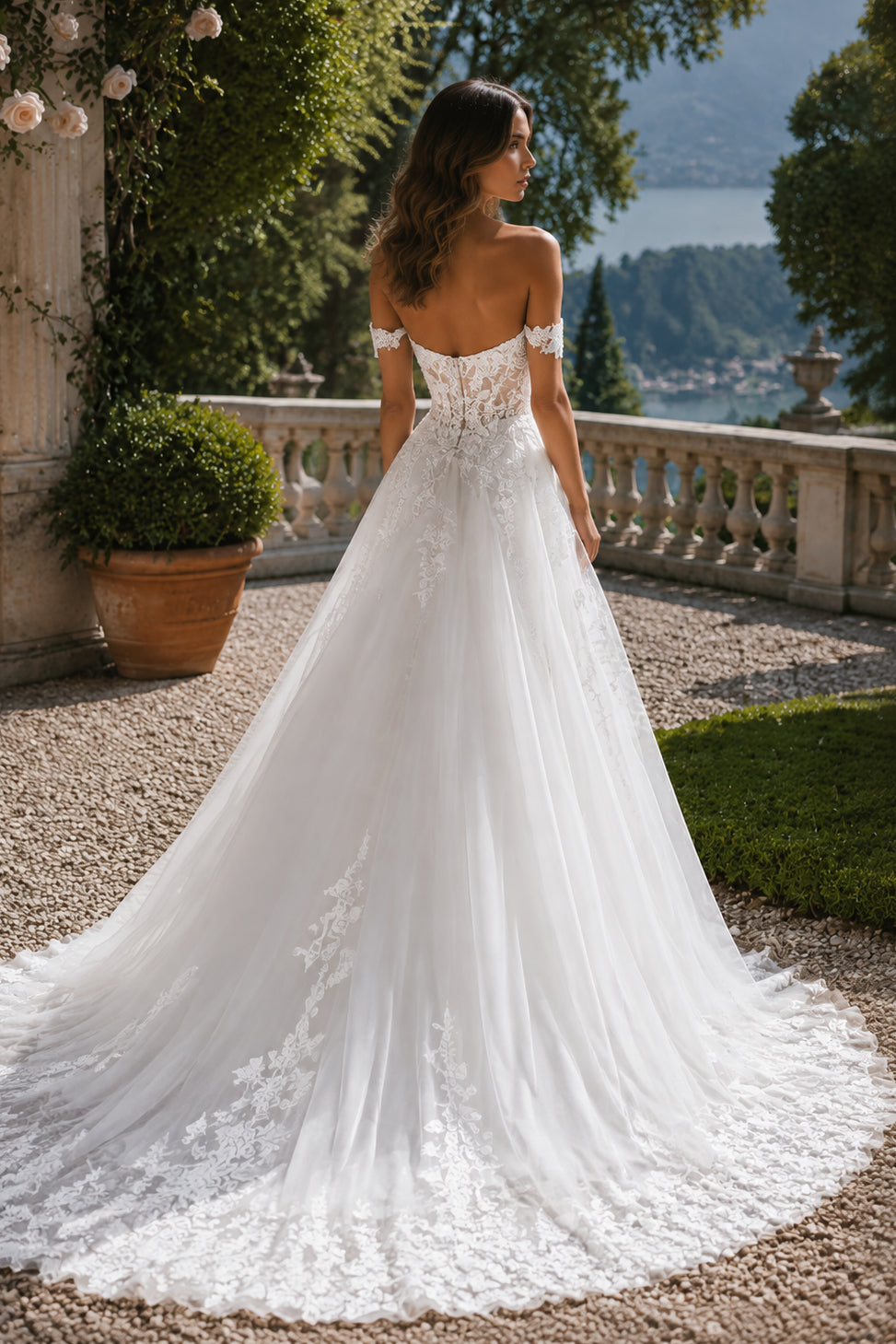 White Lace Mermaid Off Shoulder High Slit Detachable Skirt Train Wedding Dress