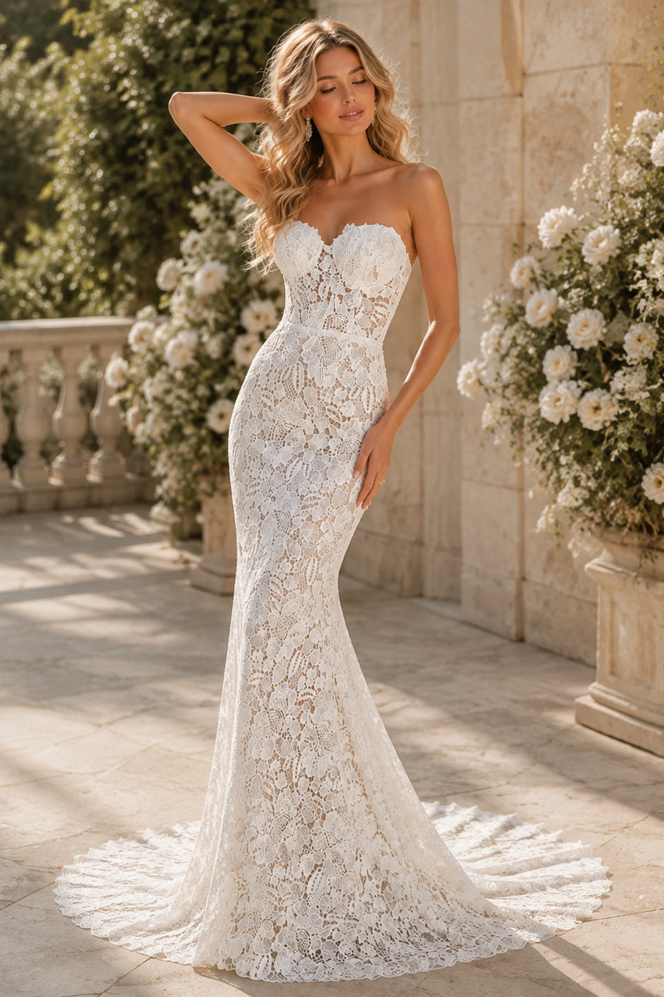 White Lace Mermaid Strapless Sweetheart Sleeveless Open Back Train Wedding Dress