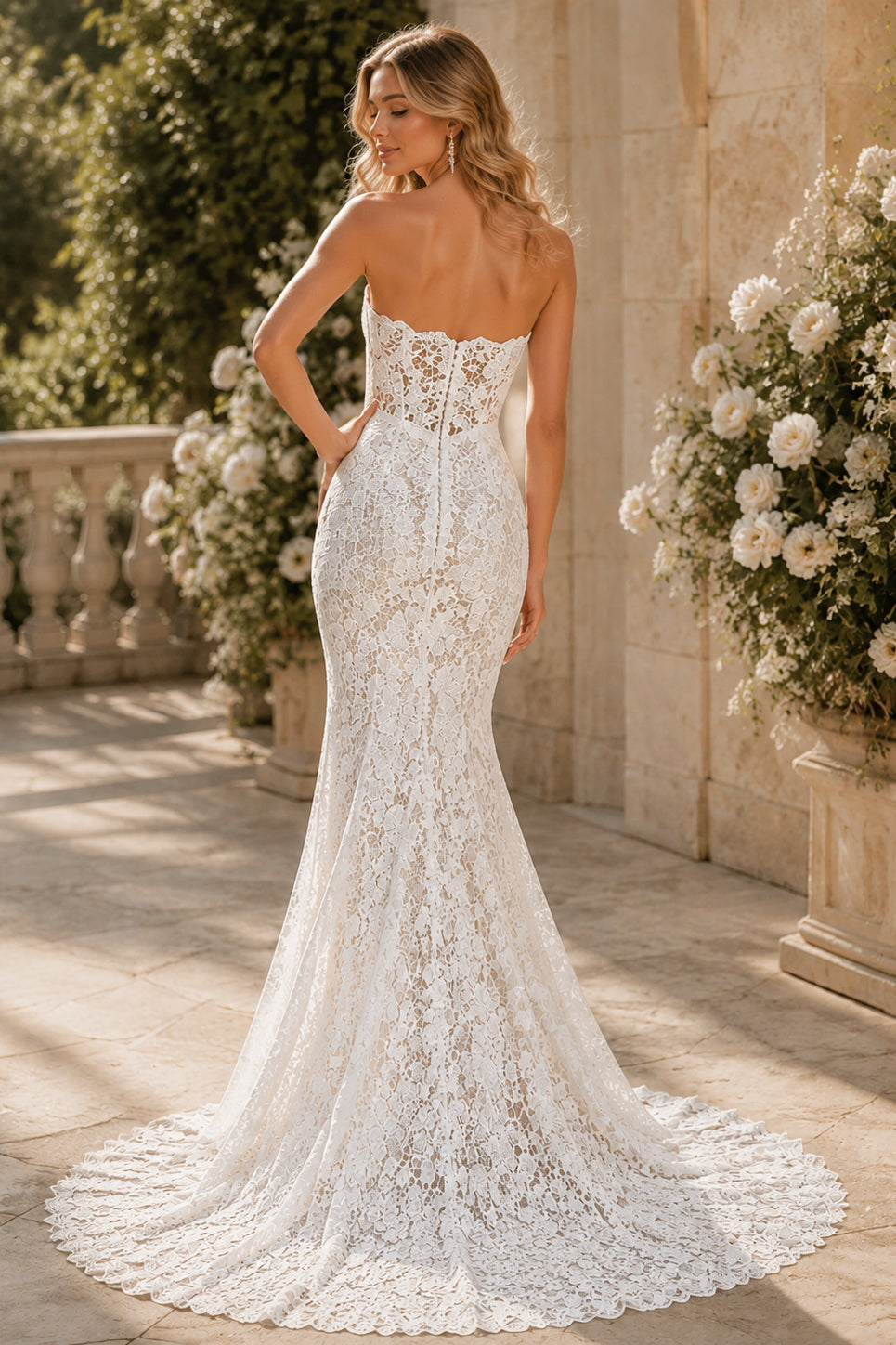 White Lace Mermaid Strapless Sweetheart Sleeveless Open Back Train Wedding Dress