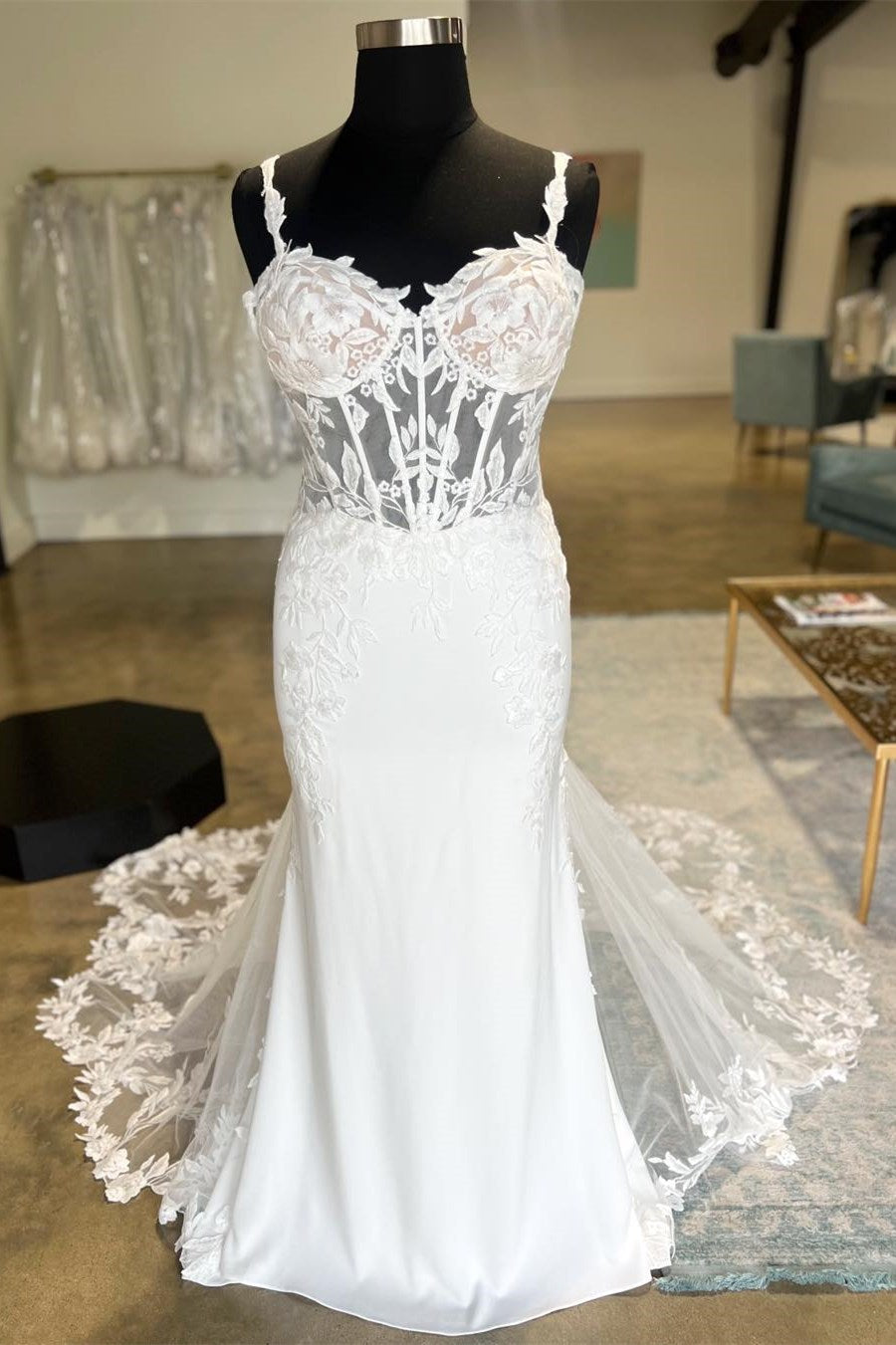 White Lace Mermaid Sweetheart Strap Illusion Button Back Train Wedding Dress
