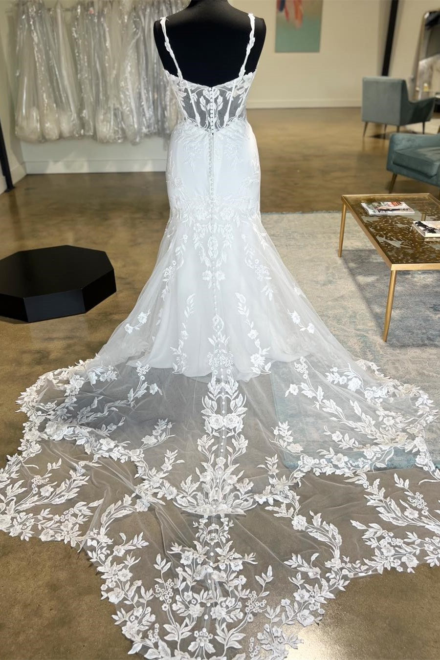 White Lace Mermaid Sweetheart Strap Illusion Button Back Train Wedding Dress