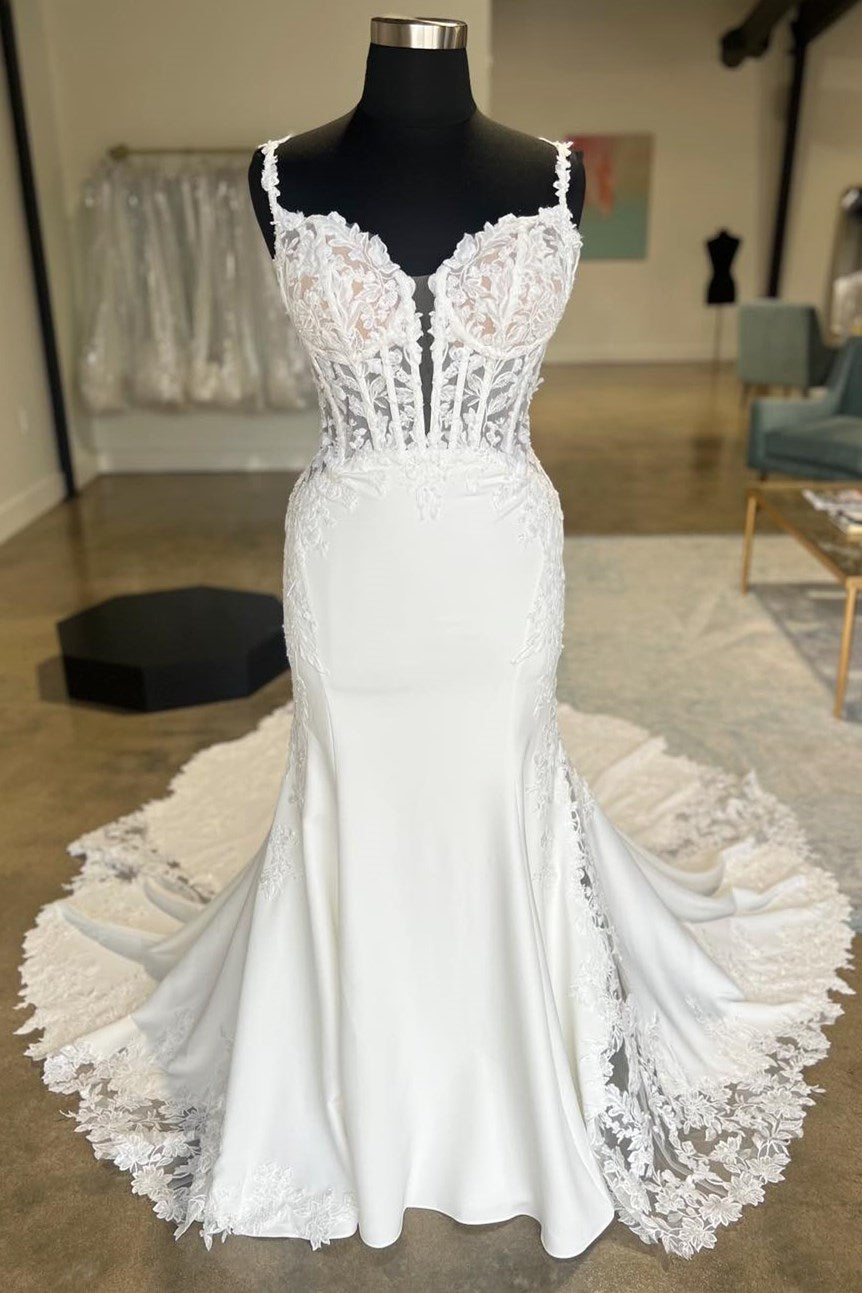 White Lace Mermaid Sweetheart Strap Low Illusion Back Train Wedding Dress