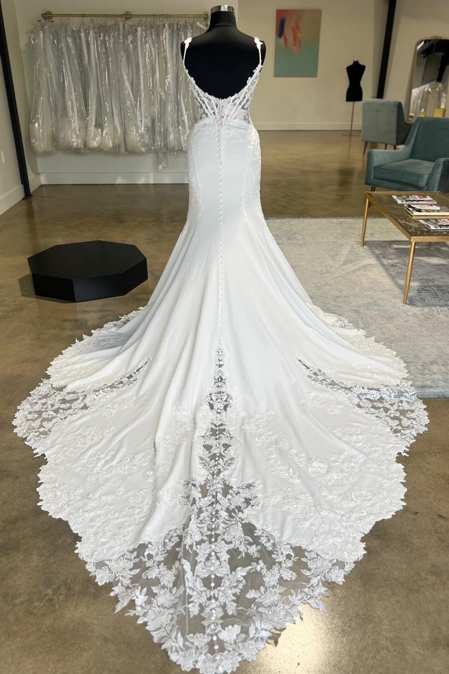 White Lace Mermaid Sweetheart Strap Low Illusion Back Train Wedding Dress