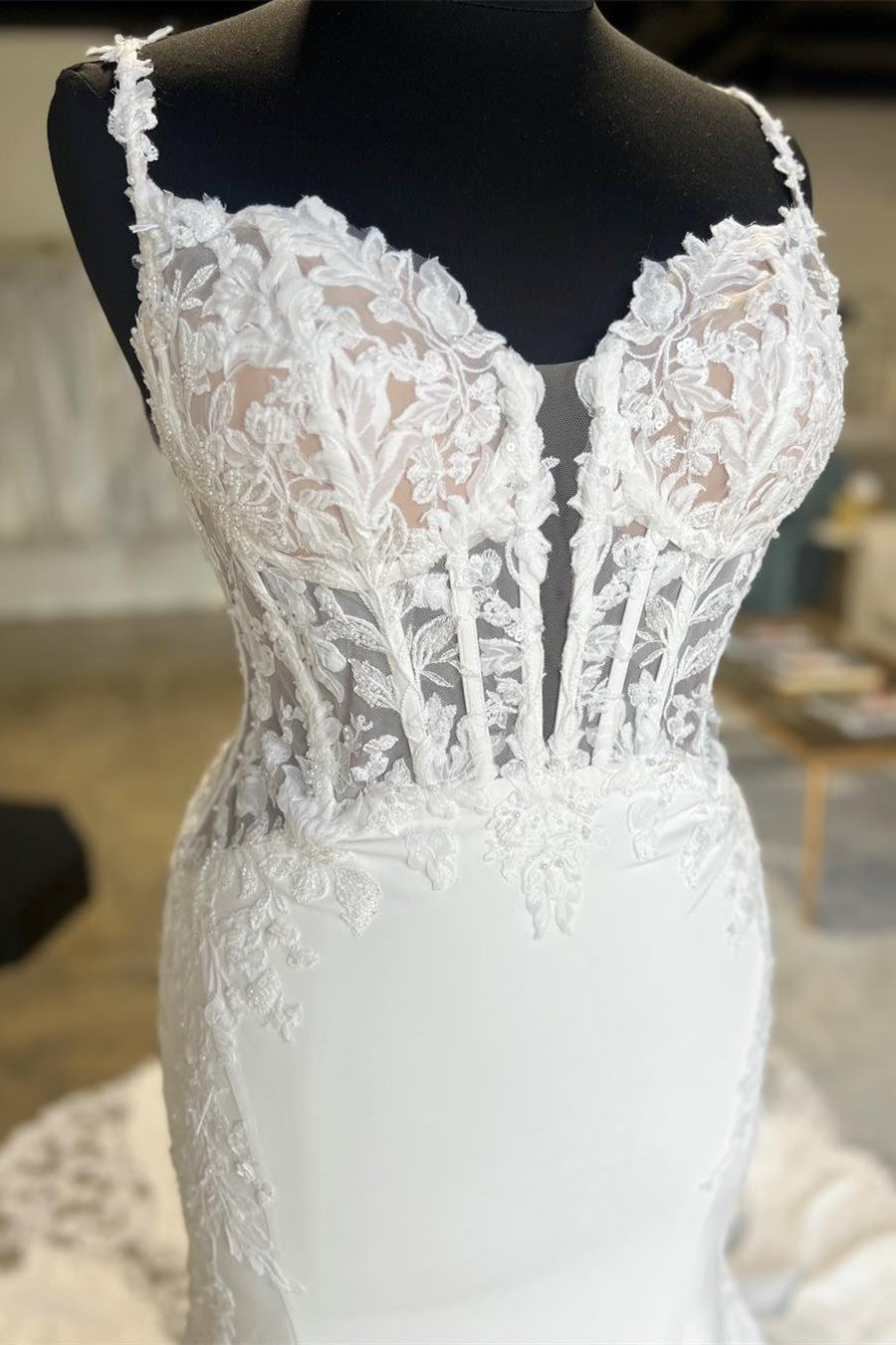 White Lace Mermaid Sweetheart Strap Low Illusion Back Train Wedding Dress