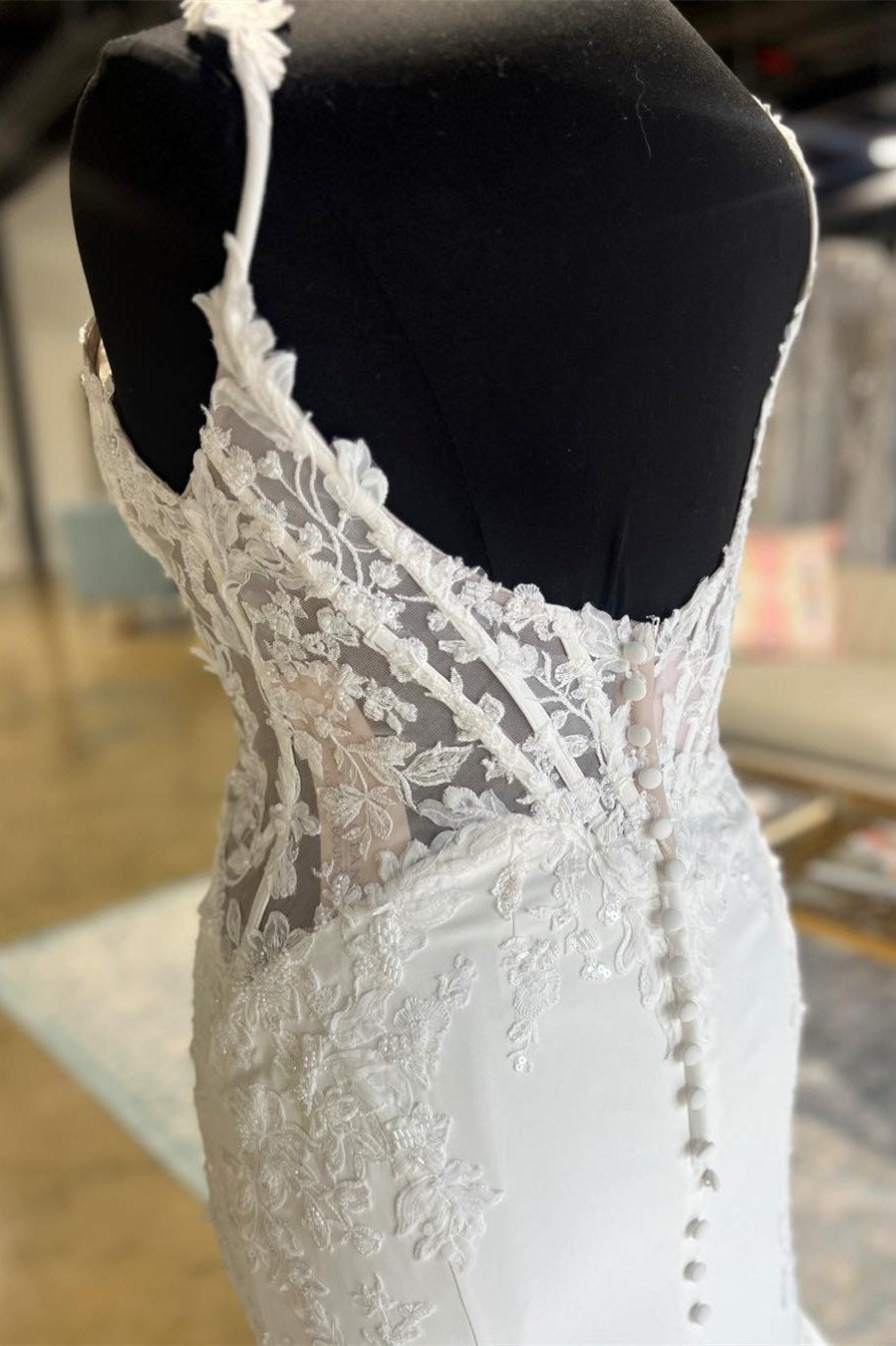 White Lace Mermaid Sweetheart Strap Low Illusion Back Train Wedding Dress