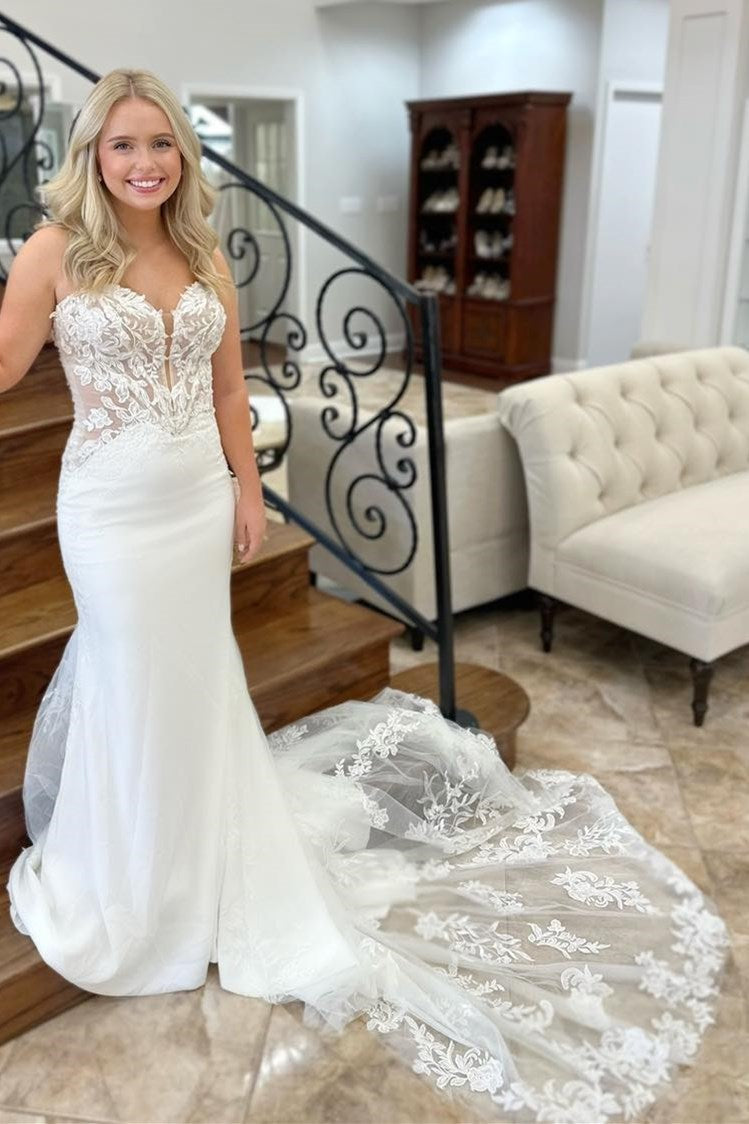 White Lace Mermaid Sweetheart Strapless Back Train Wedding Dress