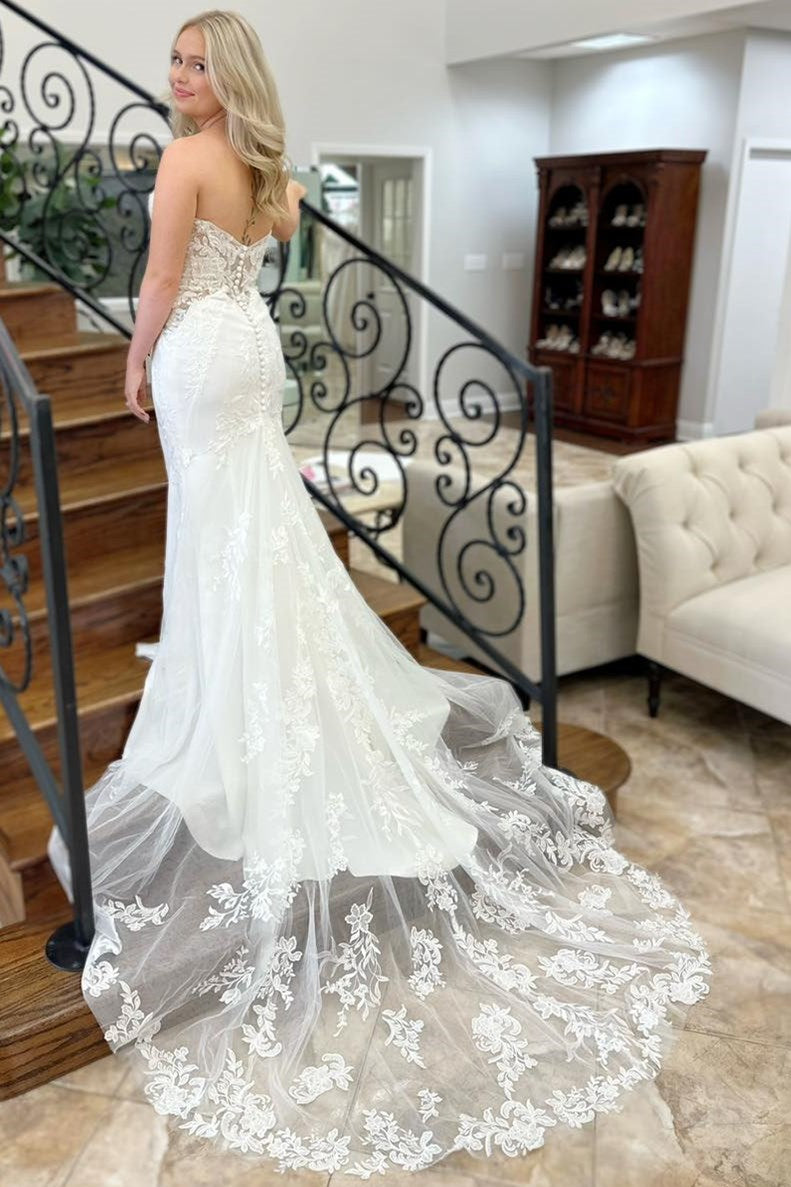 White Lace Mermaid Sweetheart Strapless Back Train Wedding Dress