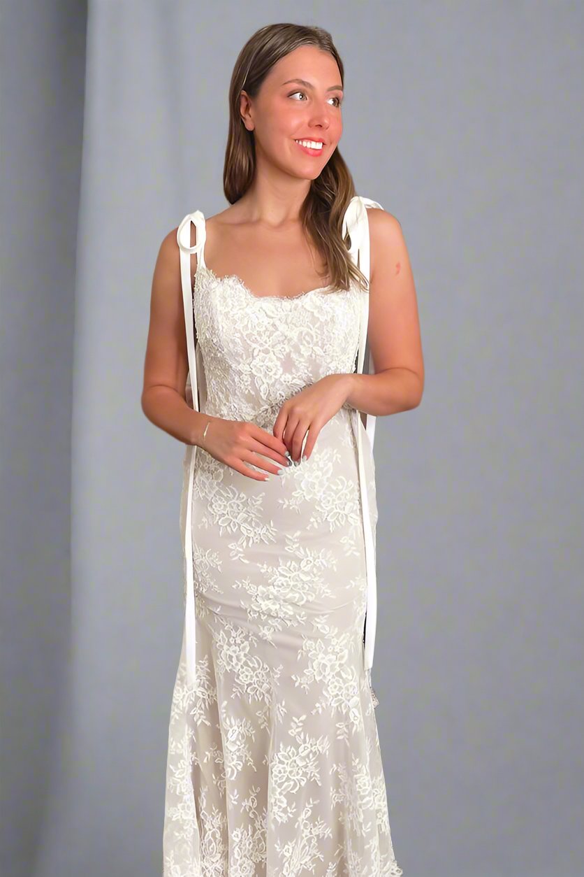 White Lace Mermaid Sweetheart Tie Strap Sheer Button Back Train Wedding Dress