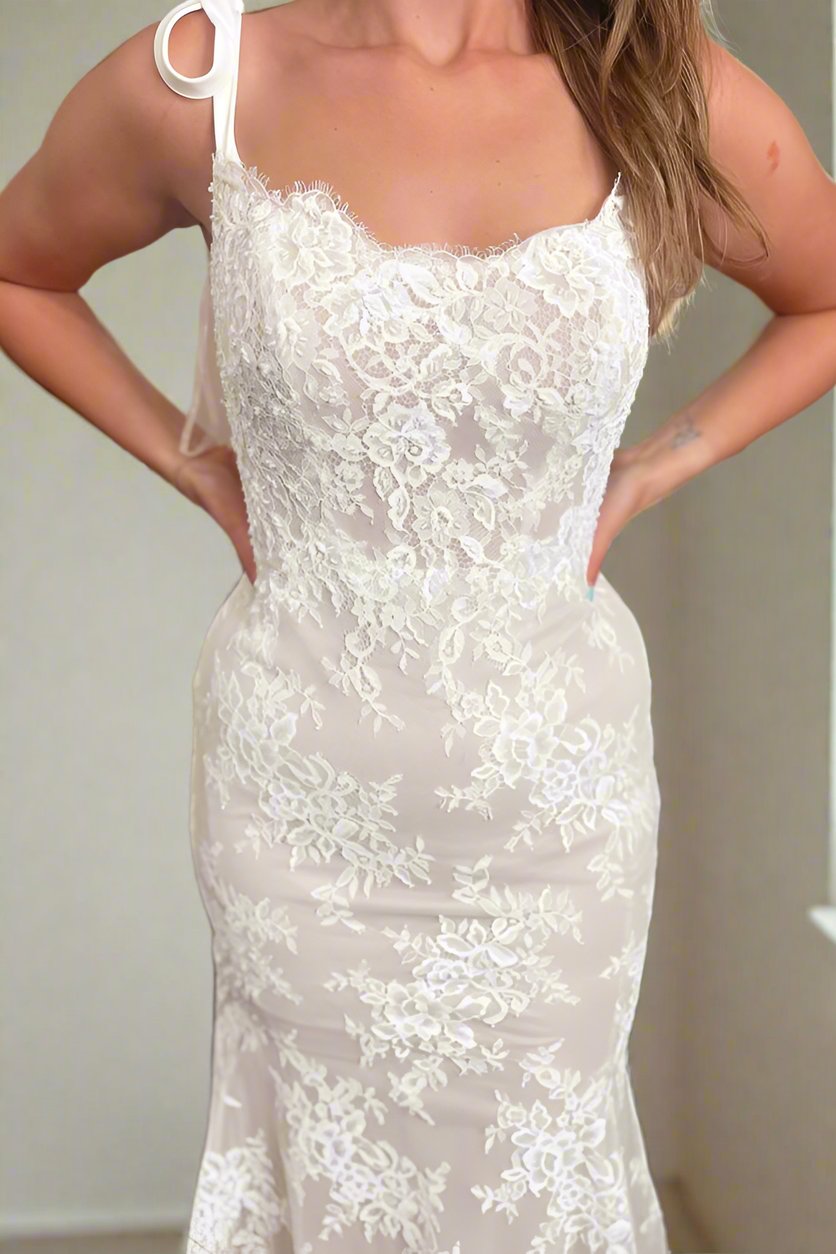 White Lace Mermaid Sweetheart Tie Strap Sheer Button Back Train Wedding Dress