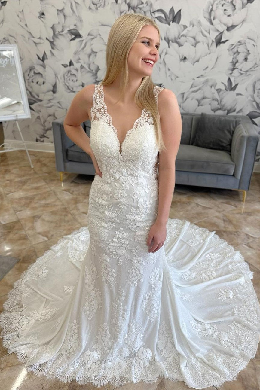 White Lace Mermaid V Neck Lace Strap Illusion Button Back Train Wedding Dress