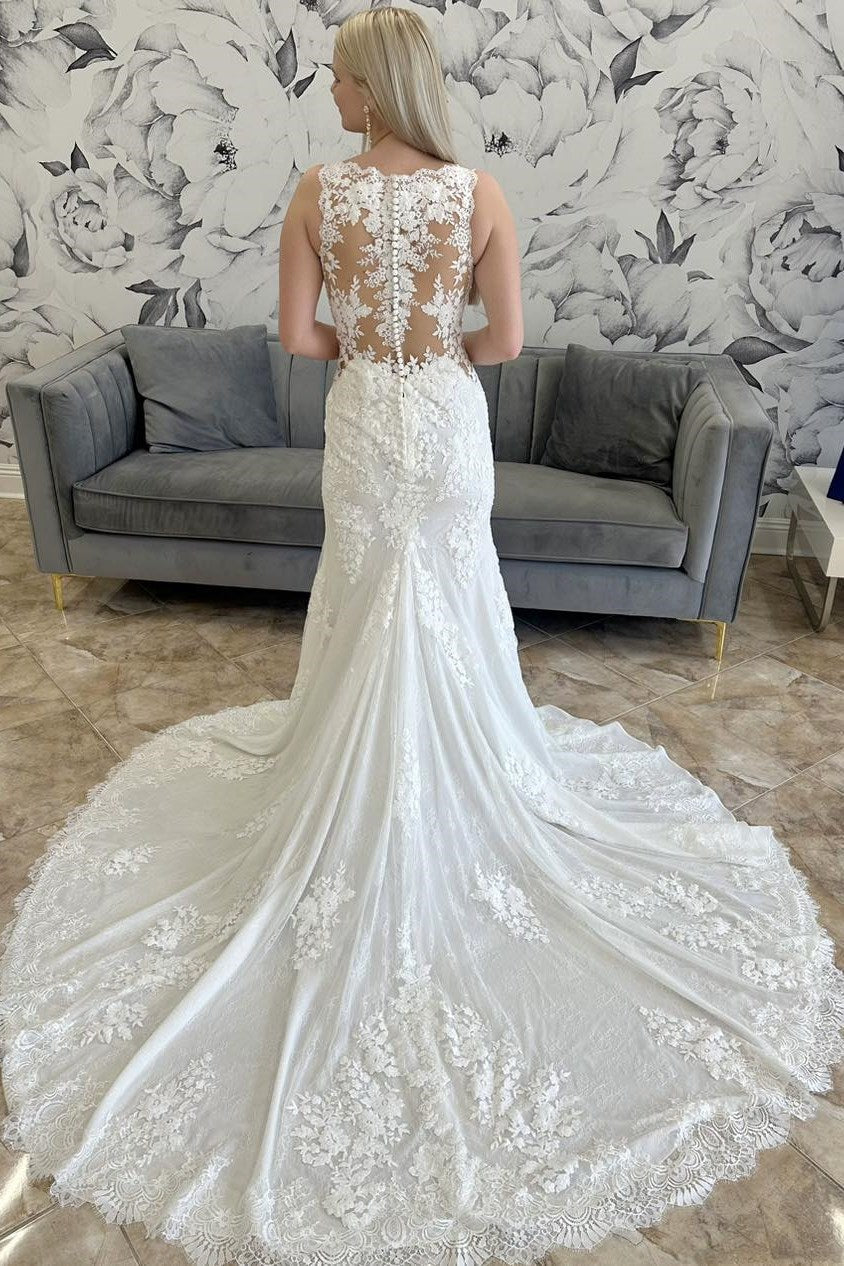 White Lace Mermaid V Neck Lace Strap Illusion Button Back Train Wedding Dress