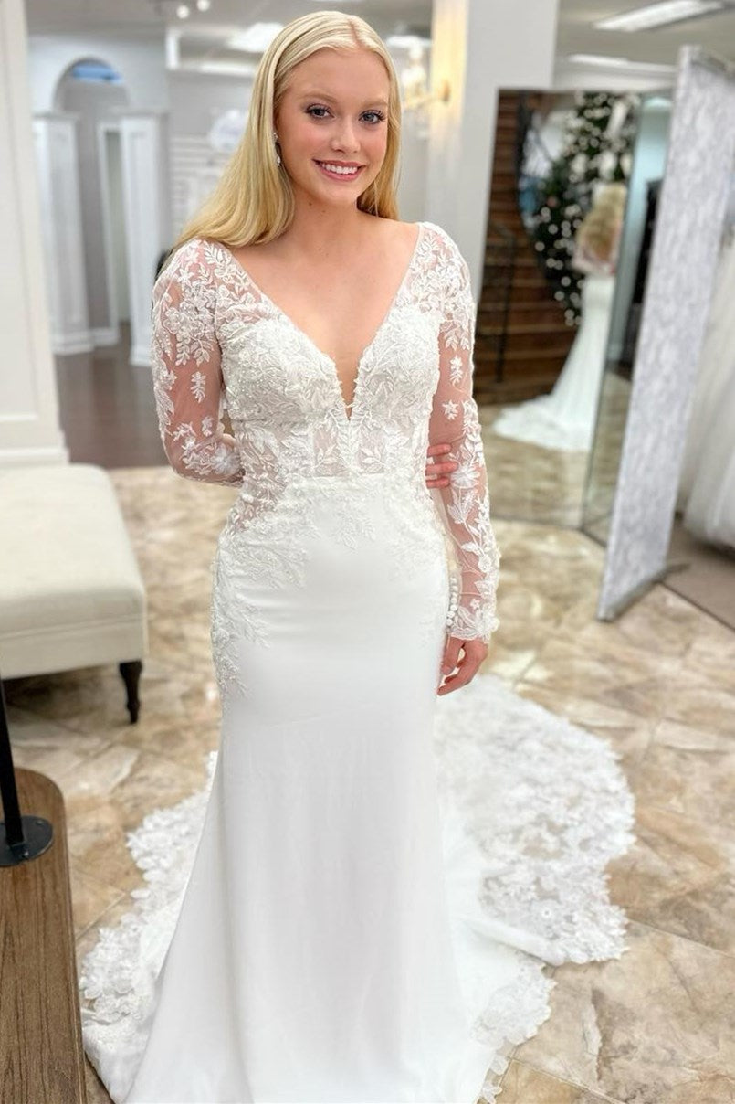 White Lace Mermaid V Neck Long Sleeve Low Back Train Wedding Dress