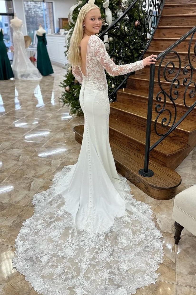 White Lace Mermaid V Neck Long Sleeve Low Back Train Wedding Dress