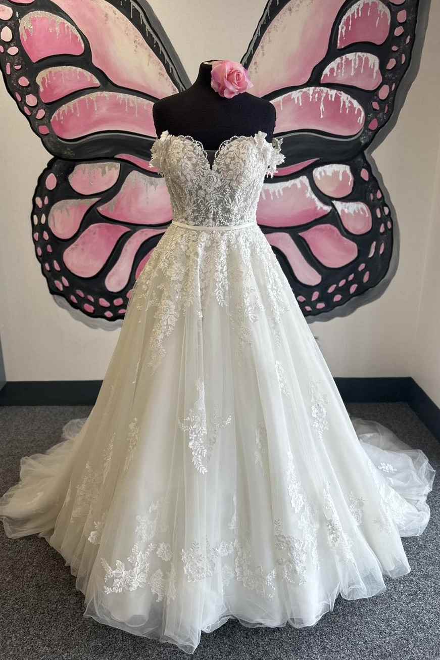 White Lace Tulle A Line Off Shoulder Short Sleeve Button Back Train Wedding Dress