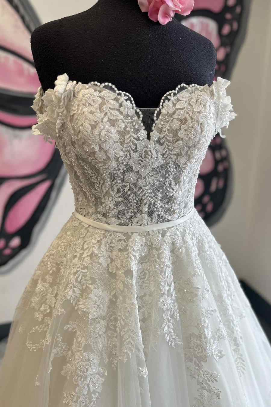 White Lace Tulle A Line Off Shoulder Short Sleeve Button Back Train Wedding Dress
