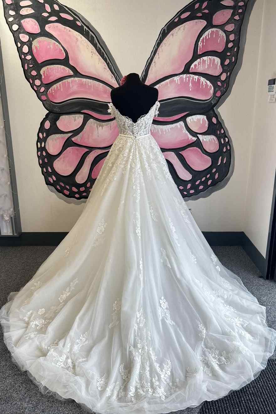 White Lace Tulle A Line Off Shoulder Short Sleeve Button Back Train Wedding Dress