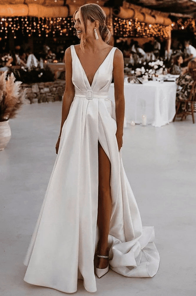 White Satin A Line Deep V Sleeveless Belted Open Back Slit Train Wedding Dress