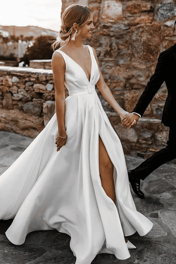 White Satin A Line Deep V Sleeveless Belted Open Back Slit Train Wedding Dress