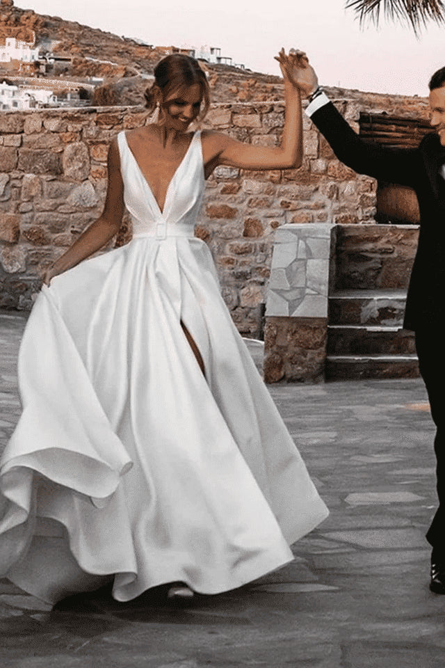 White Satin A Line Deep V Sleeveless Belted Open Back Slit Train Wedding Dress