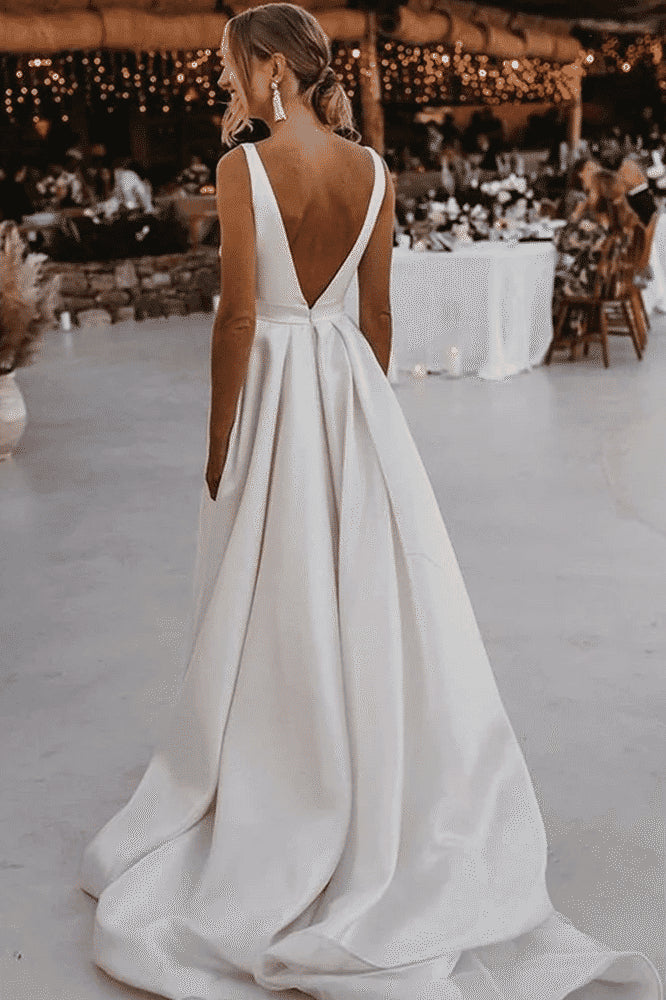 White Satin A Line Deep V Sleeveless Belted Open Back Slit Train Wedding Dress