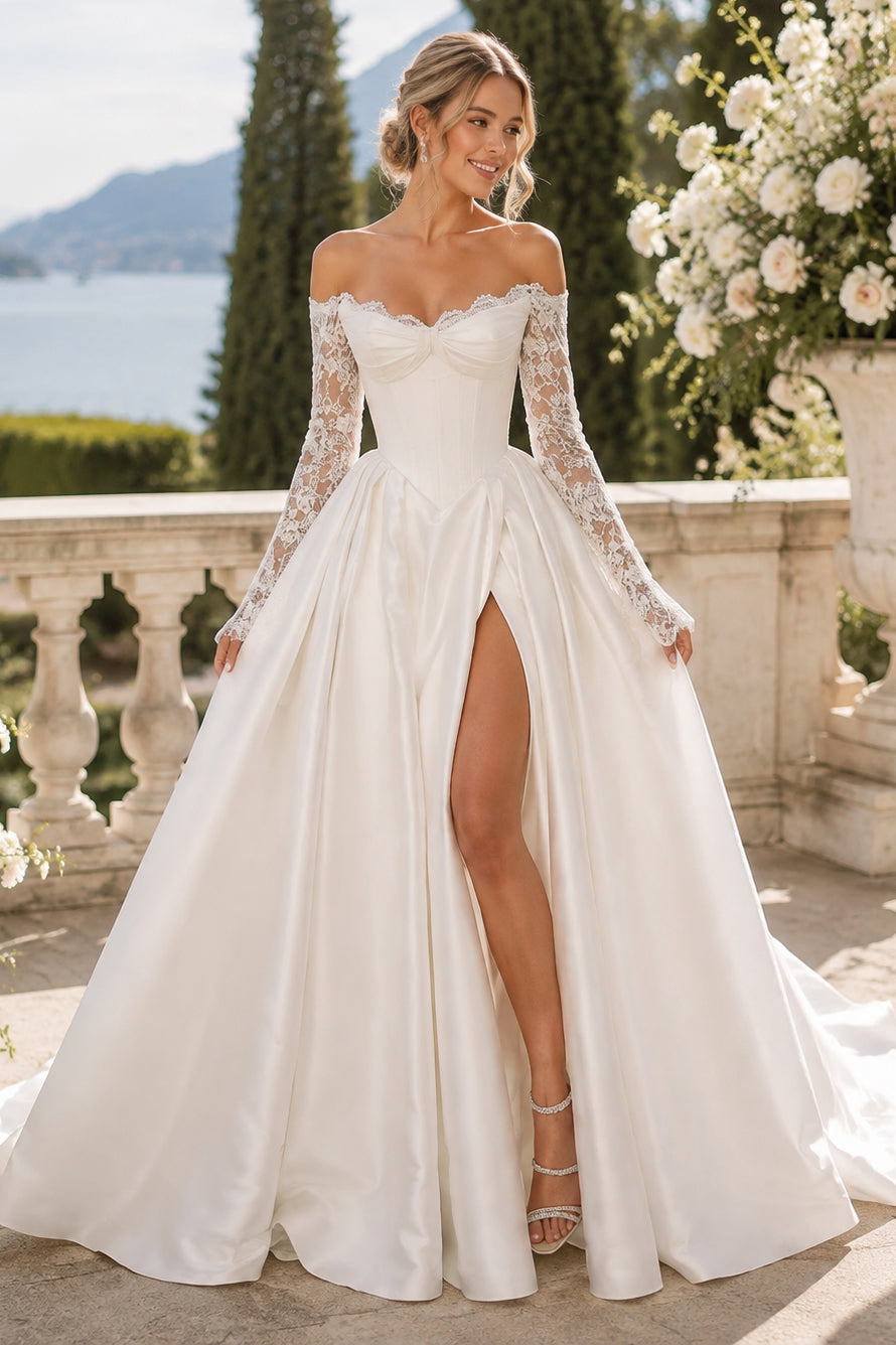 White Satin A Line Off Shoulder Sweetheart Lace Sleeve Laceup Slit Train Wedding Dress