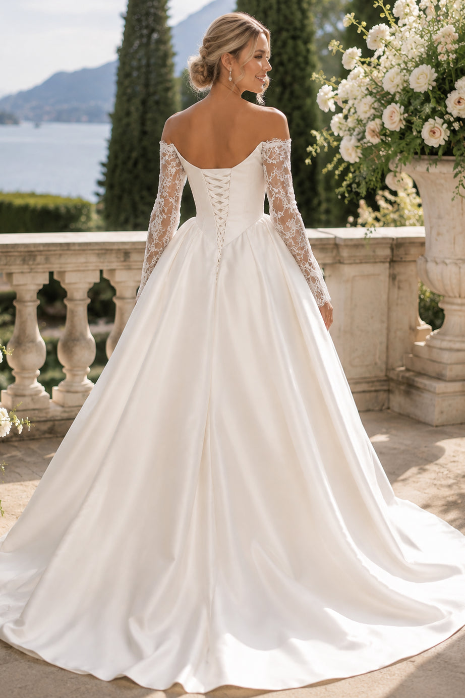 White Satin A Line Off Shoulder Sweetheart Lace Sleeve Laceup Slit Train Wedding Dress
