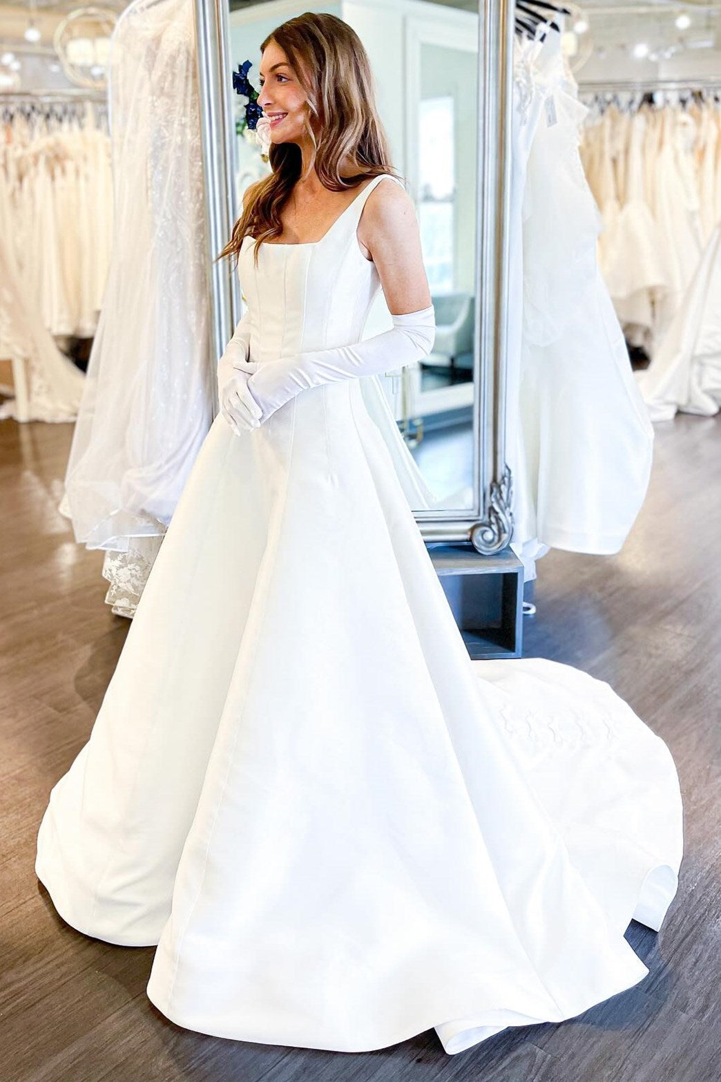 White Satin A Line Square Neck Sleeveless Low Bow Back Train Wedding Dress