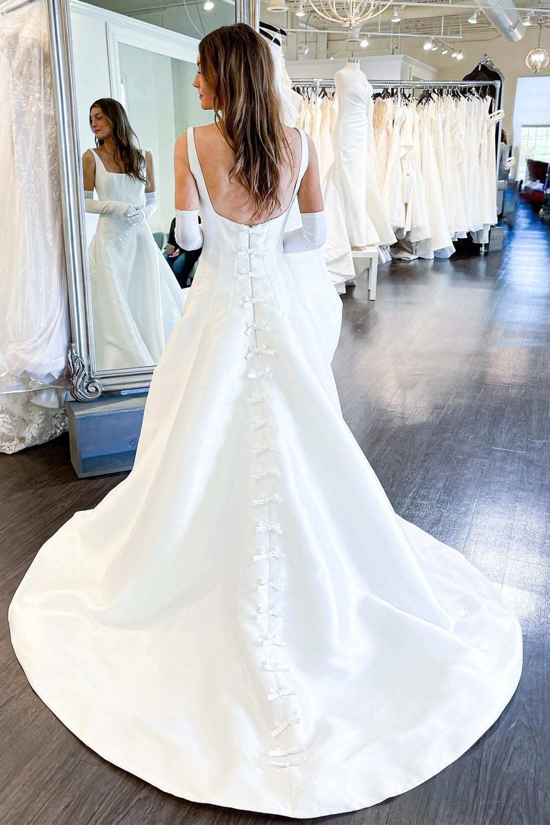 White Satin A Line Square Neck Sleeveless Low Bow Back Train Wedding Dress