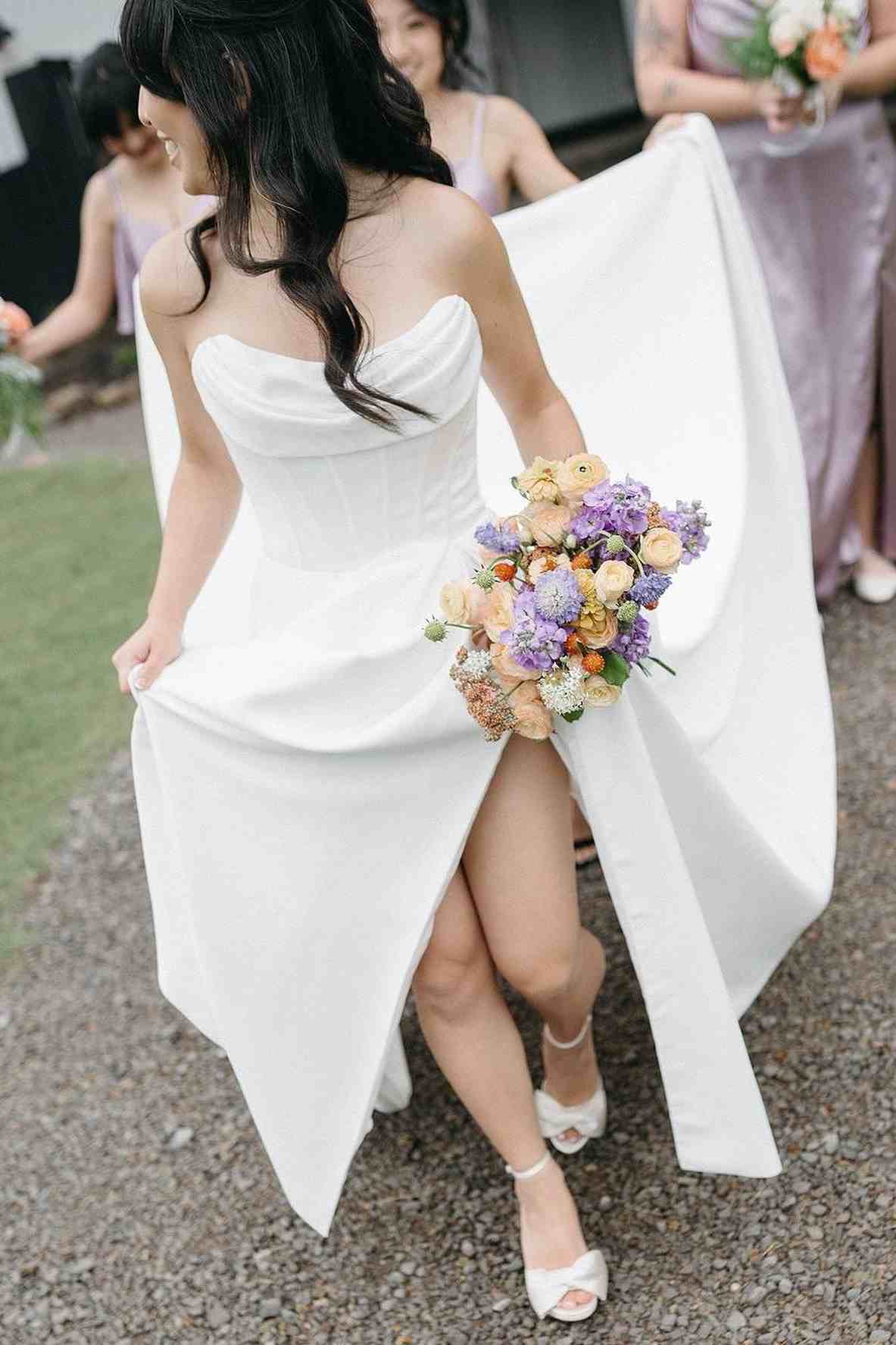 White Satin A Line Strapless Cowl Low V Button Back Train Wedding Dress