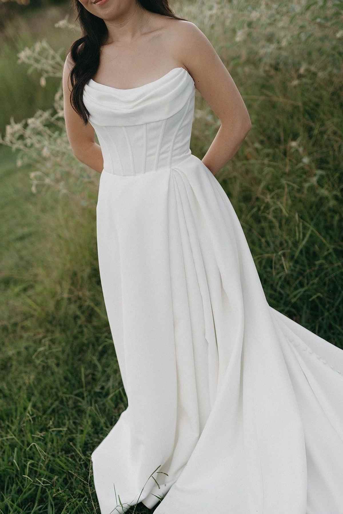 White Satin A Line Strapless Cowl Low V Button Back Train Wedding Dress