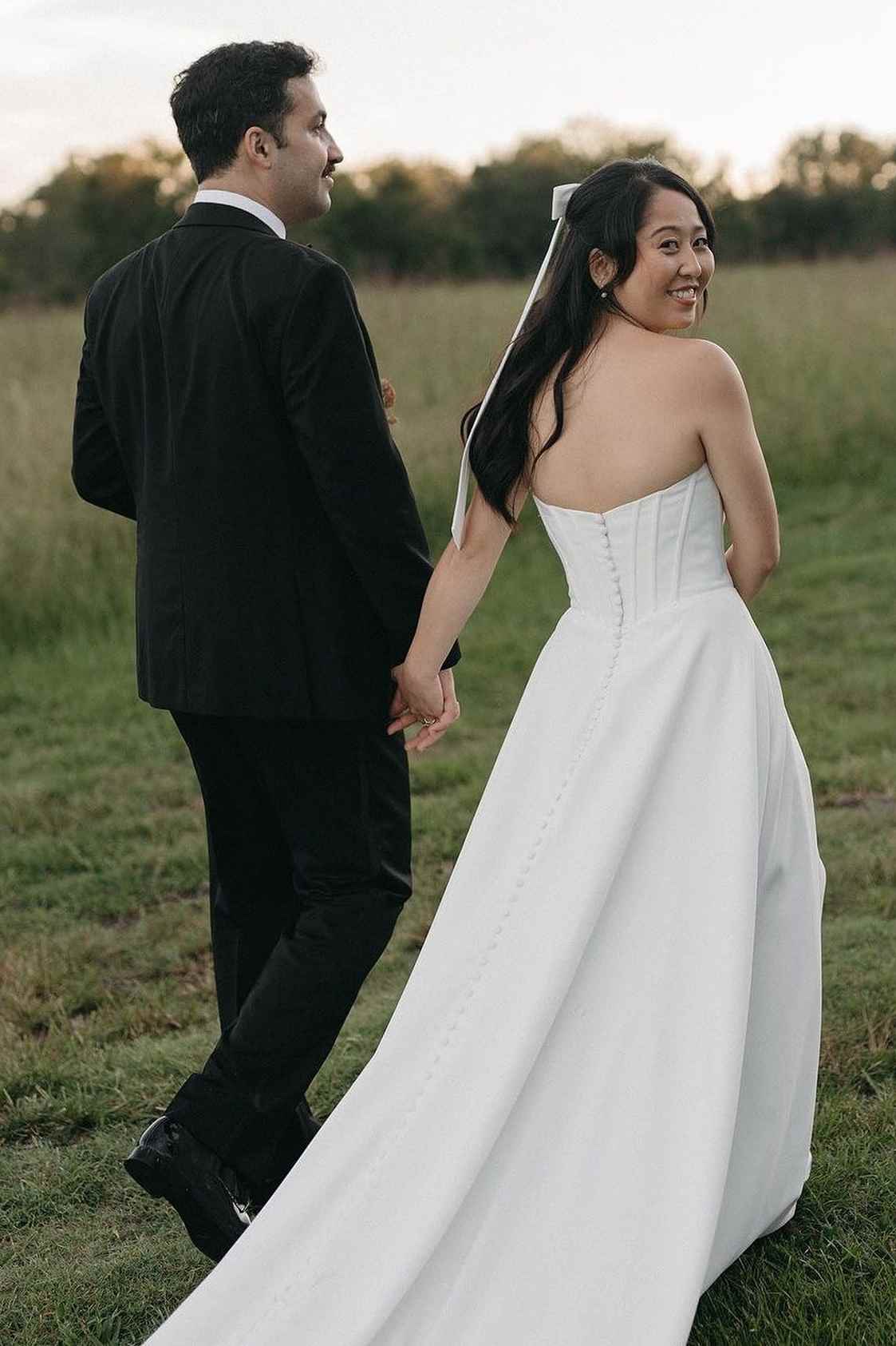 White Satin A Line Strapless Cowl Low V Button Back Train Wedding Dress