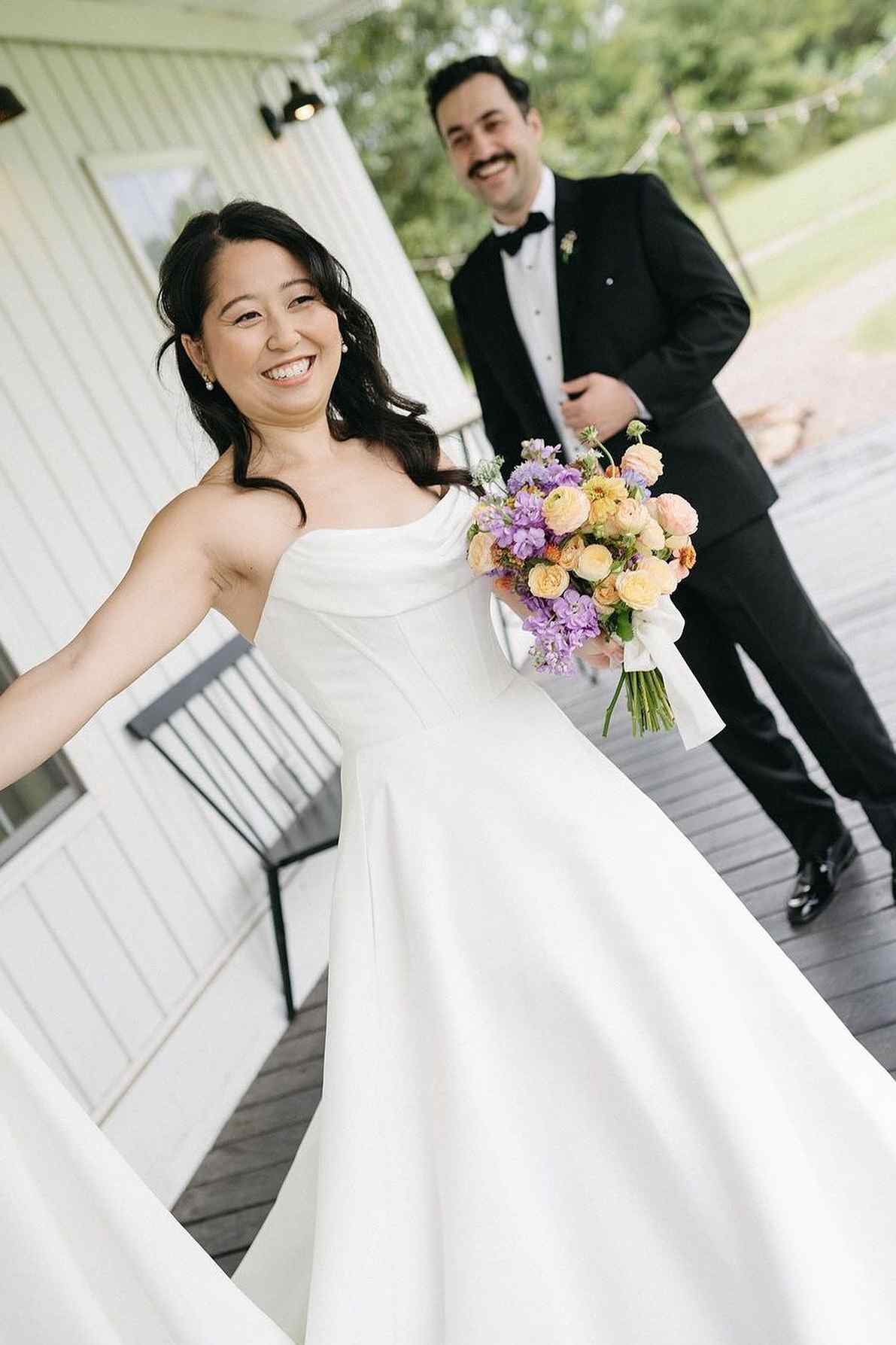 White Satin A Line Strapless Cowl Low V Button Back Train Wedding Dress